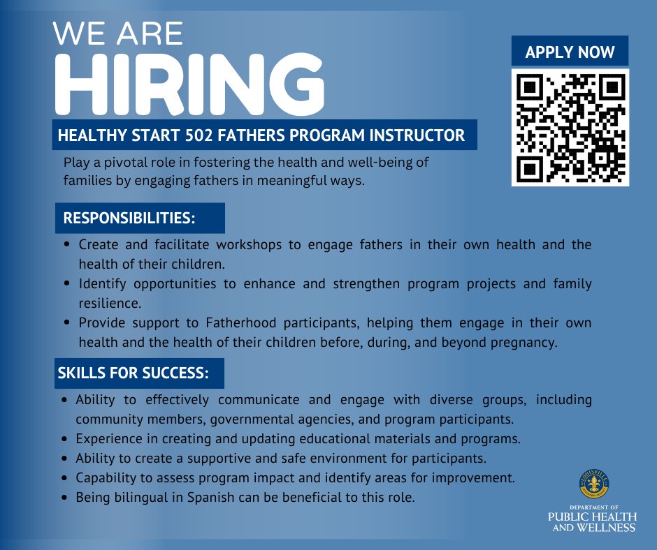 We are hiring!
The Healthy Start Fatherhood Program Instructor plays a pivotal role in fostering the health and well-being of families by engaging fathers in meaningful ways.
Apply by scanning the QR code or visiting: shorturl.at/U6y8v
Deadline to apply: 3/9/2025