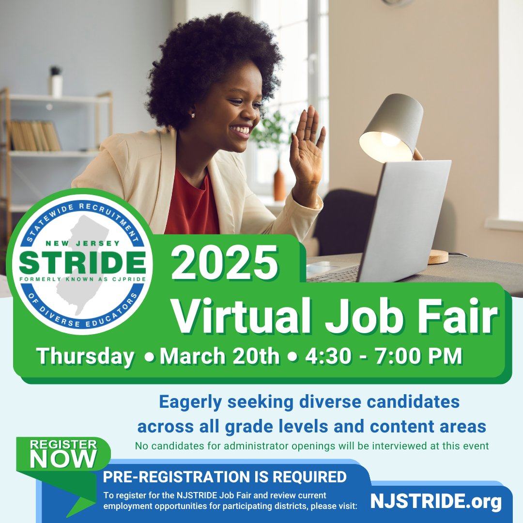We are eagerly seeking diverse educators across all grade levels and content areas – we want to meet you! Join us at the @NJSTRIDE 2025 Virtual Job Fair #NJEducatorJobFair
#DiversityInEducation #NJTeacherJobs #TeachInNJ #NJSchoolCareers #NJEdHiring