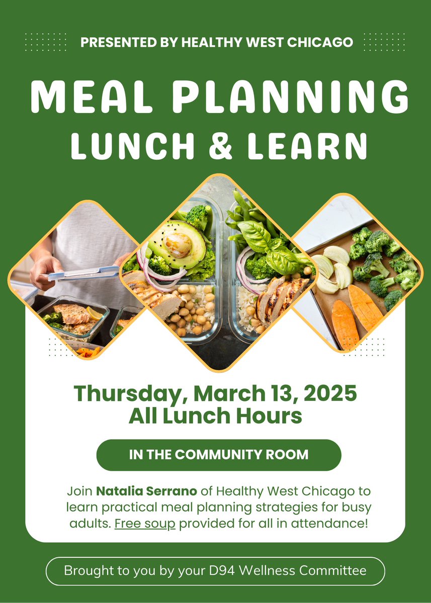 WegoWellness's tweet photo. Join us for a Meal Planning Lunch &amp; Learn session on March 13th! Healthy West Chicago will share practical tips and strategies to help you plan healthy meals for yourself and your family, making the most of your time while staying nourished and energized.
There will be FREE SOUP! https://t.co/QnlRWYFh6y