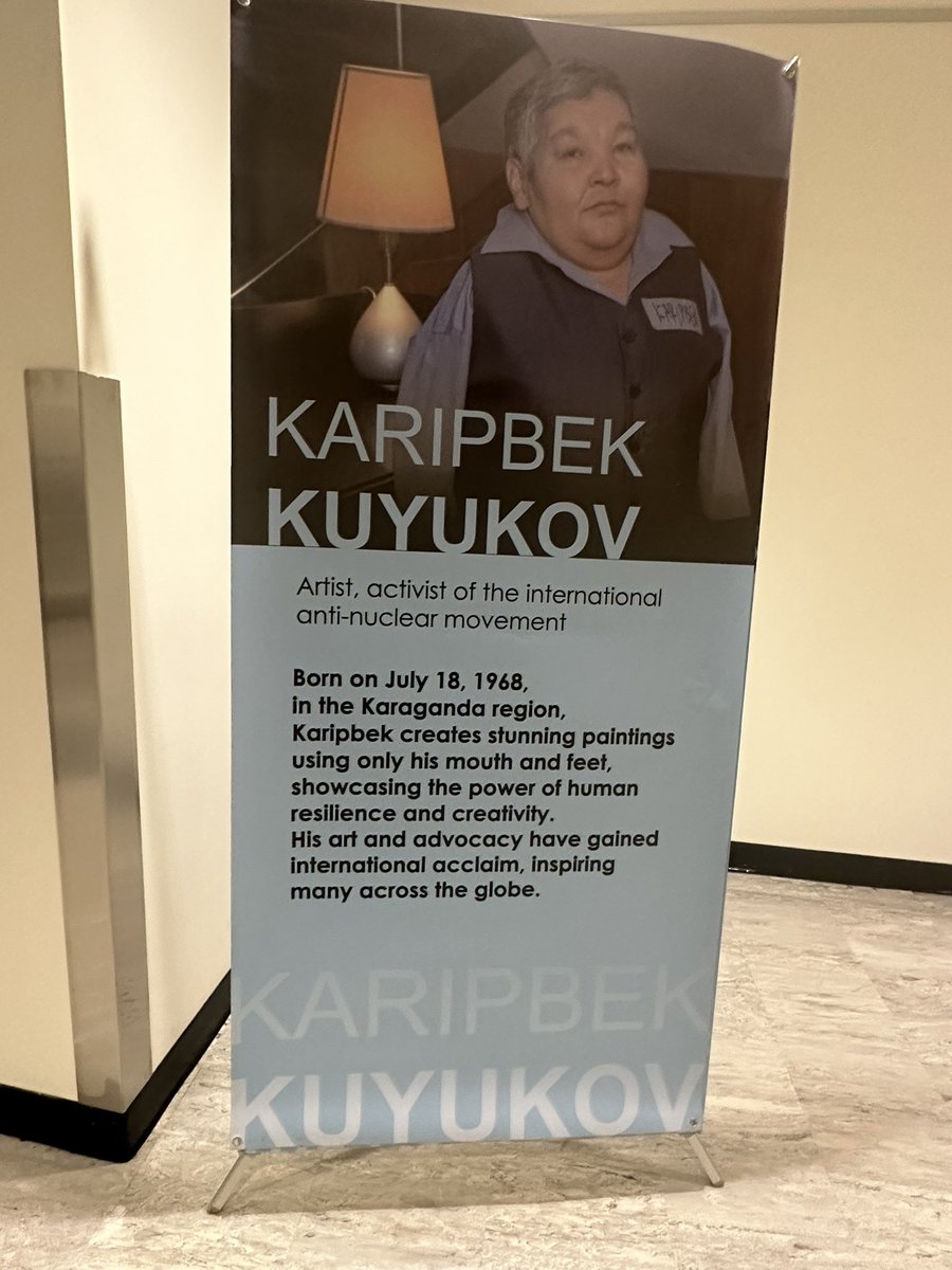 samrunnergirl's tweet photo. Powerful art display with paintings by @Karipbek Kuyukov, a victim of nuclear tests in @Kazakhstan who was born without arms and who paints with his mouth and feet. These are the human stories behind #nuclear testing. #nuclearban #tpnw https://t.co/JCE0tdHiAM