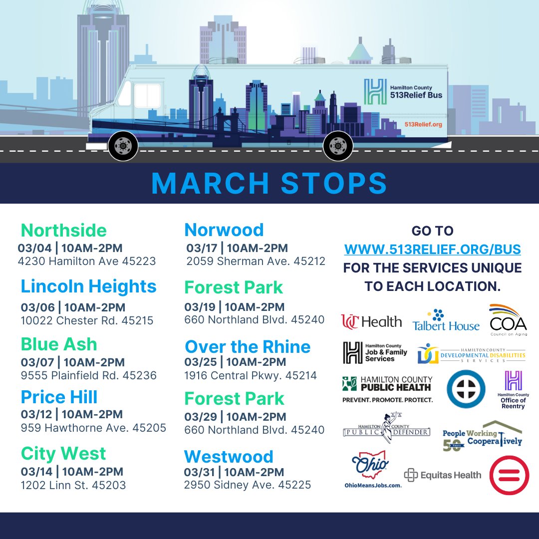 513Relief's tweet image. The 513Relief Bus is back and rolling into communities near you!
Check out this month’s stops, starting TOMORROW!
Want to know what services will be available at each stop? Visit 513Relief.org/bus for details.
Share this post to help connect others with these resources!