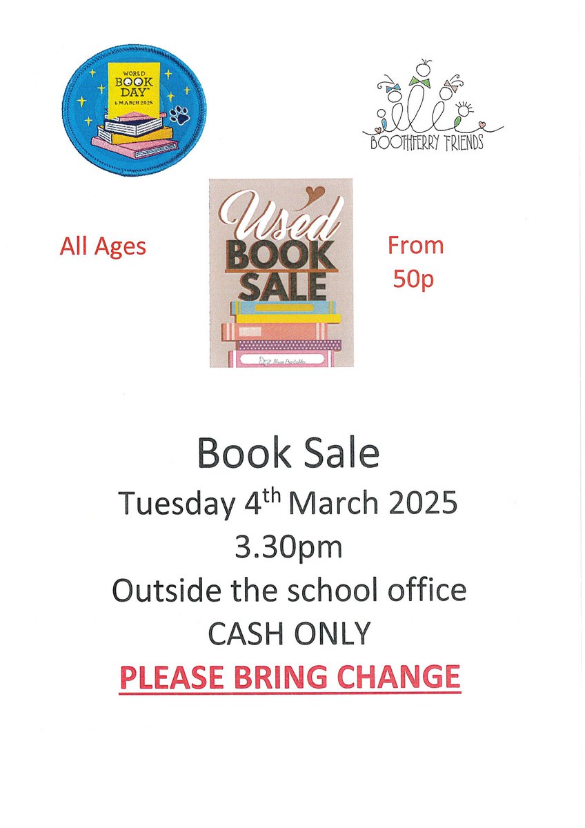 Don’t forget it is the Boothferry Friends Book Sale tomorrow . 3,30pm . Books for all ages from 50p each. <a href="/BoothferryPS/">Boothferry Primary #weareBoothferry</a> @BoothferryFrnds