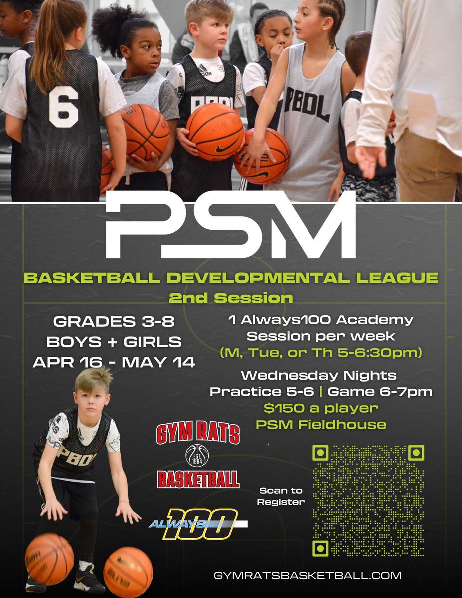 Gym Rats Basketball (@gymratsbball) on Twitter photo 🗣️: PSM Developmental Basketball League Session 2
🗓️: April 16th - May 14th | Wednesday Nights
🏀: Boys & Girls (3rd-8th)
📍: Fort Wayne, IN | PSM Fieldhouse
🔗: Link in Bio to register
Wednesdays | Practice 5-6pm | Games 6-7pm
1 additional <a href="/Always100_TMH/">Always 100 Basketball</a> Academy Session 🗣️: PSM Developmental Basketball League Session 2
🗓️: April 16th - May 14th | Wednesday Nights
🏀: Boys & Girls (3rd-8th)
📍: Fort Wayne, IN | PSM Fieldhouse
🔗: Link in Bio to register
Wednesdays | Practice 5-6pm | Games 6-7pm
1 additional <a href="/Always100_TMH/">Always 100 Basketball</a> Academy Session