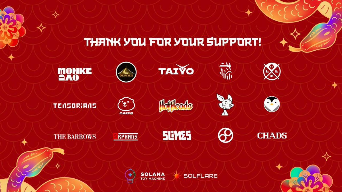 Toy Machine (@toymachine_co) on Twitter photo That's a wrap!
Thanks for participating in the Mega Toy Machine event.
This event wouldn't have been possible without our main sponsor, @solflarewallet, and the wonderful participating Solana communities:
1. <a href="/MonkeDAO/">MonkeDAO🍌</a>
2. <a href="/SolanaSensei/">Solana Sensei</a>
3. <a href="/TaiyoRobotics/">Taiyo Robotics《TYR》</a>
4. <a href="/SmythsNFT/">Smyths</a>
5. That's a wrap!
Thanks for participating in the Mega Toy Machine event.
This event wouldn't have been possible without our main sponsor, @solflarewallet, and the wonderful participating Solana communities:
1. <a href="/MonkeDAO/">MonkeDAO🍌</a>
2. <a href="/SolanaSensei/">Solana Sensei</a>
3. <a href="/TaiyoRobotics/">Taiyo Robotics《TYR》</a>
4. <a href="/SmythsNFT/">Smyths</a>
5.