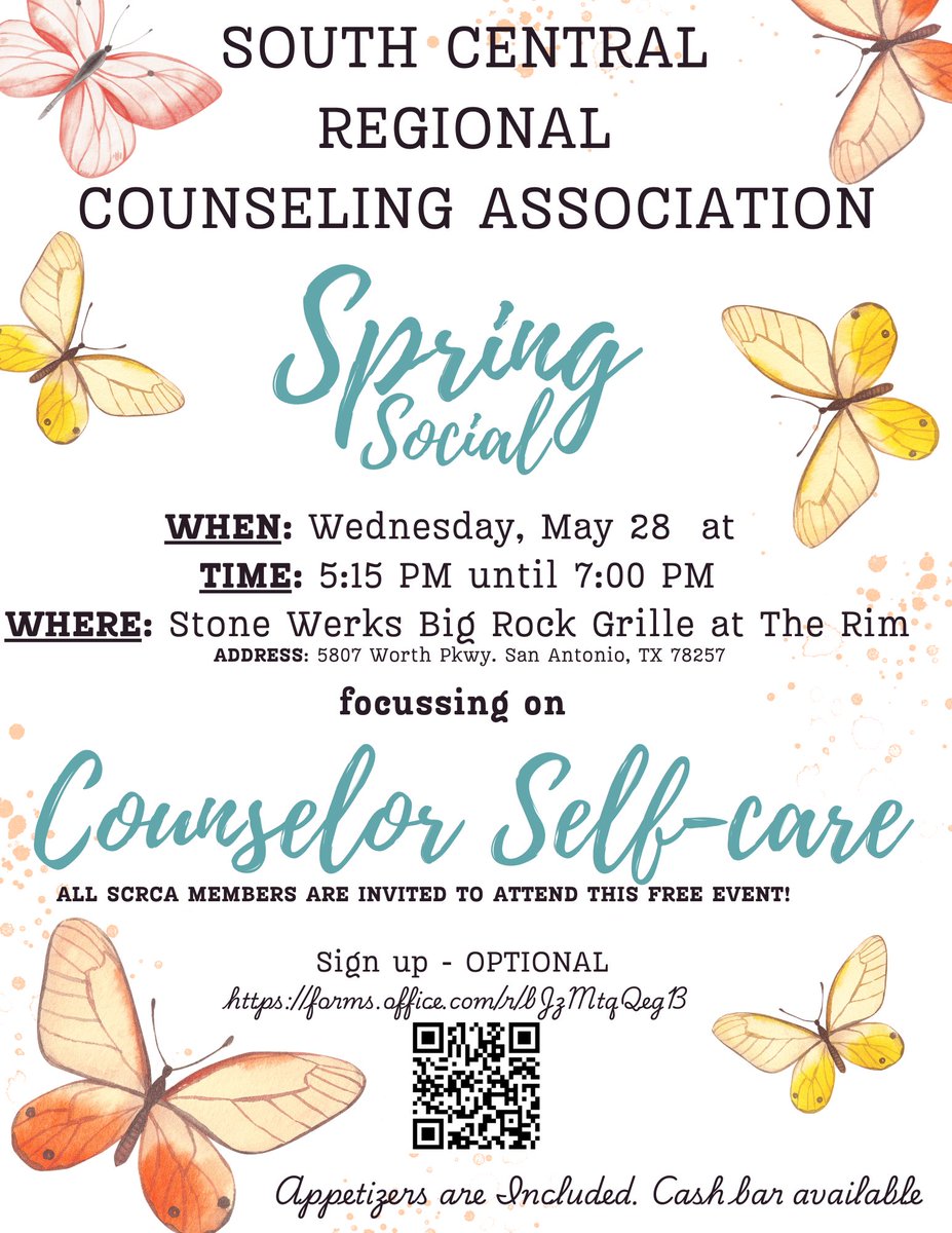 SCRCA_TCA's tweet image. 📆 SAVE THE DATE! 📆

We can’t wait to see you on May 28th for an evening of networking and learning!

#SCRCA #SouthTexasCounselors #networking #professionaldevelopmemt #freeCEU