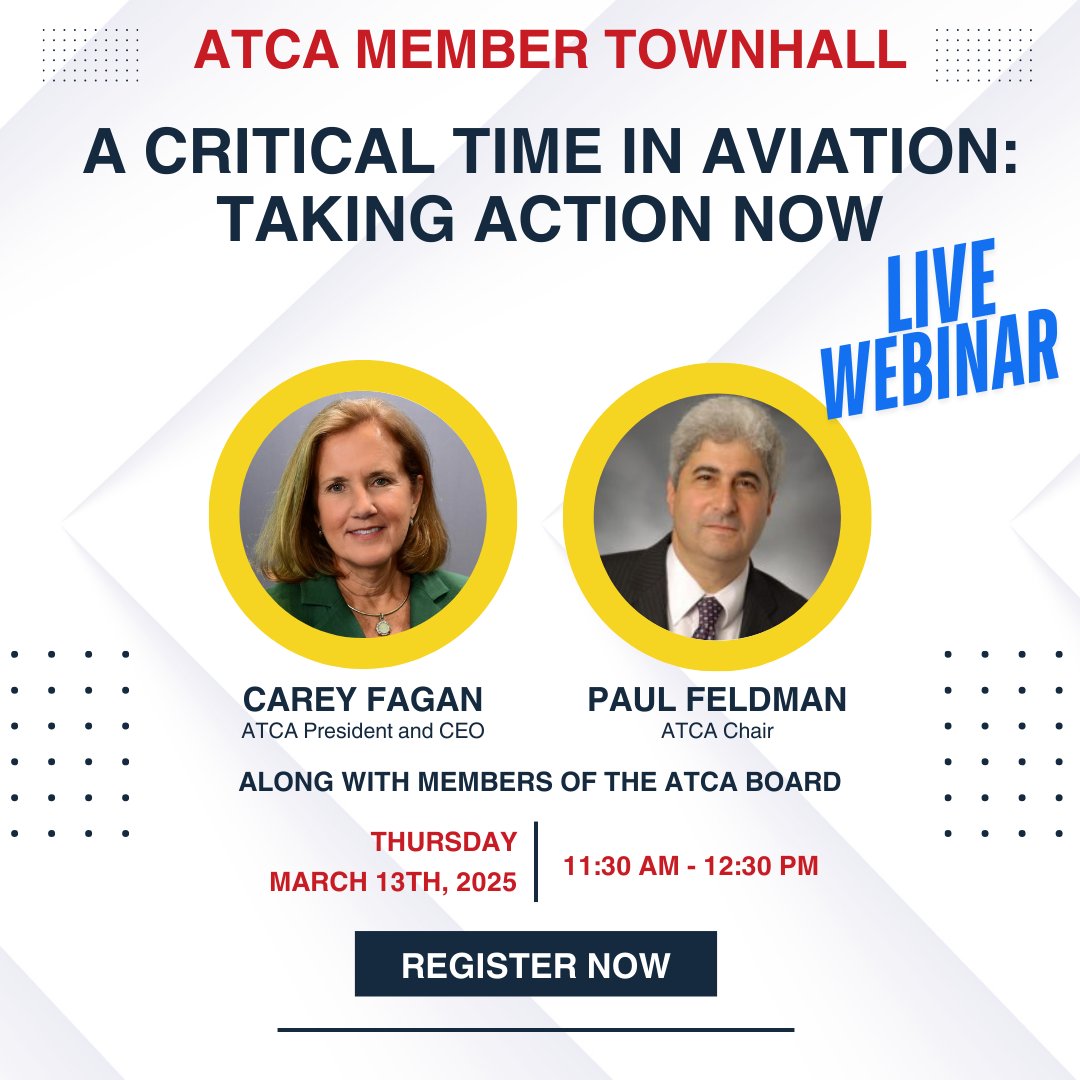 ATCA_now's tweet image. ATCA is stepping forward as the definitive voice advocating for the rapid deployment of technologies that enhance safety, improve efficiency, and prepare our airspace for tomorrow's increasingly complex demands.
Register: atca.org/webinar-regist…