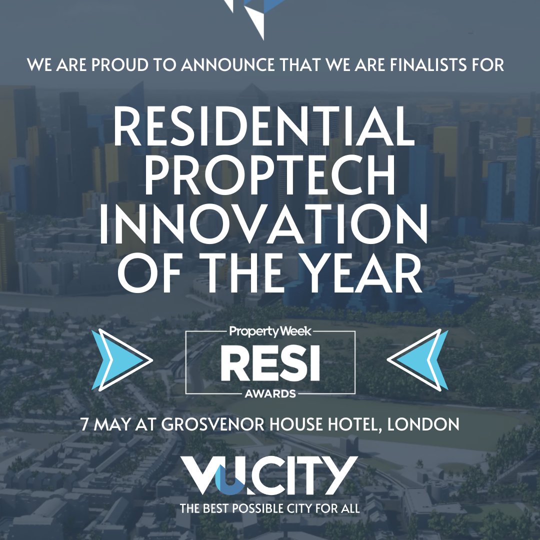 We've been shortlisted for Residential PropTech Innovation of the Year at the #RESIAwards 2025! 🎉 Our platform is transforming how residential developments are planned &amp; delivered. Huge thanks to our VU pros, partners &amp; team! Roll on May! #PropTech #DigitalTwins #RealEstateTech