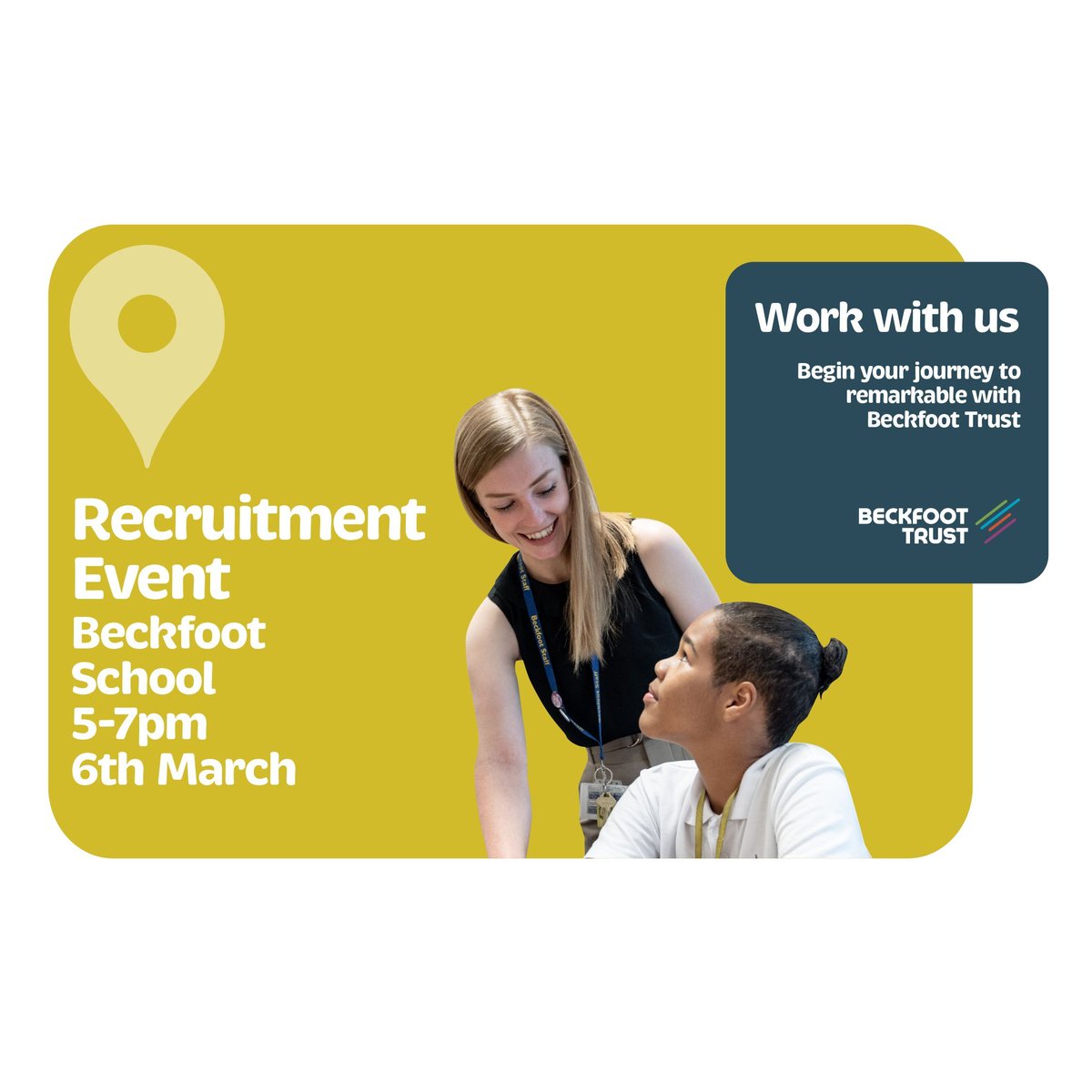 Begin Your Journey to Remarkable with Beckfoot Trust.

Are you ready to make a real difference in education? Join us at Beckfoot School on Thursday, 6th March from 5:00 - 7:00pm

Click the link learn more: buff.ly/CEiwQX0