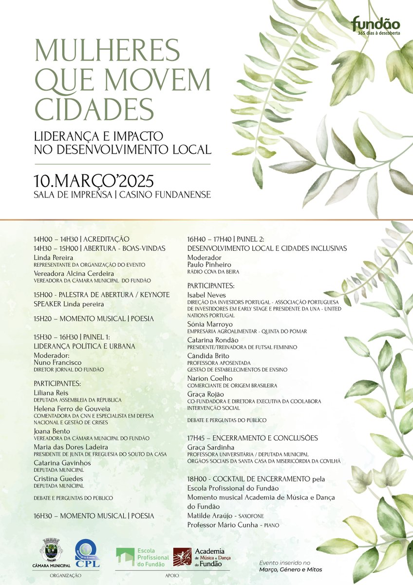 De forma a assinalar o Dia Internacional da Mulher e inserido na iniciativa Março, Género e Mitos, irá realizar-se, no dia 10 de março de 2025, segunda-feira, às 14h00, no Casino Fundanense, a conferência “Mulheres que Movem Cidades. Liderança e Impacto no Desenvolvimento Local”.