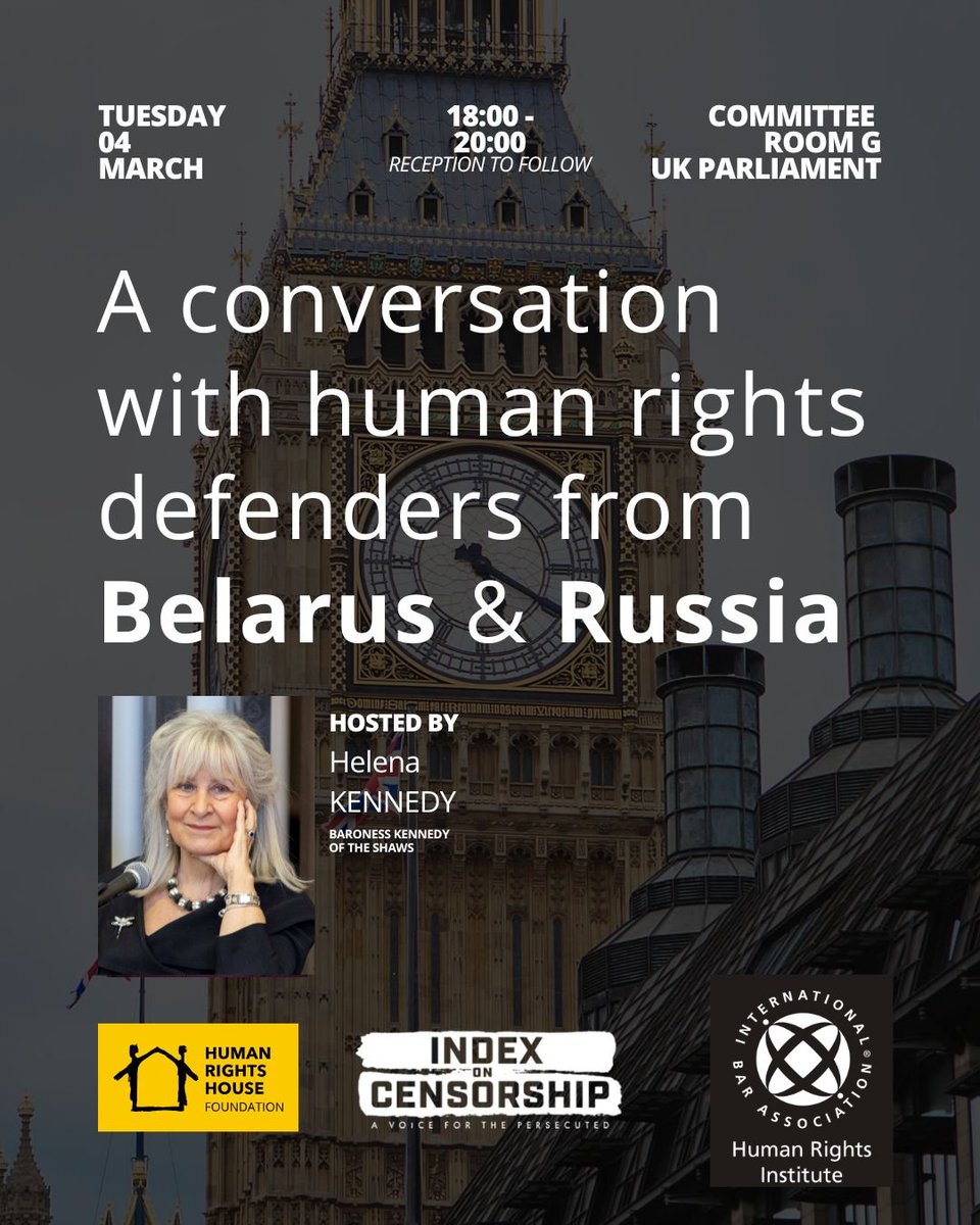 IBA's Human Rights Institute (@ibahri) on Twitter photo TOMORROW, 4 March 2025 | 1800 – 2000 | <a href="/UKParliament/">UK Parliament</a> - Join IBAHRI Director Baroness <a href="/HelenaKennedyKC/">Baroness Helena Kennedy KC</a> for a panel discussion with #HumanRights defenders from #Belarus & #Russia. Co-organised by IBAHRI, <a href="/IndexCensorship/">Index on Censorship</a> and <a href="/HRHFoundation/">Human Rights House Foundation</a>.
Contact: aine.macdonald@int-bar.org TOMORROW, 4 March 2025 | 1800 – 2000 | <a href="/UKParliament/">UK Parliament</a> - Join IBAHRI Director Baroness <a href="/HelenaKennedyKC/">Baroness Helena Kennedy KC</a> for a panel discussion with #HumanRights defenders from #Belarus & #Russia. Co-organised by IBAHRI, <a href="/IndexCensorship/">Index on Censorship</a> and <a href="/HRHFoundation/">Human Rights House Foundation</a>.
Contact: aine.macdonald@int-bar.org