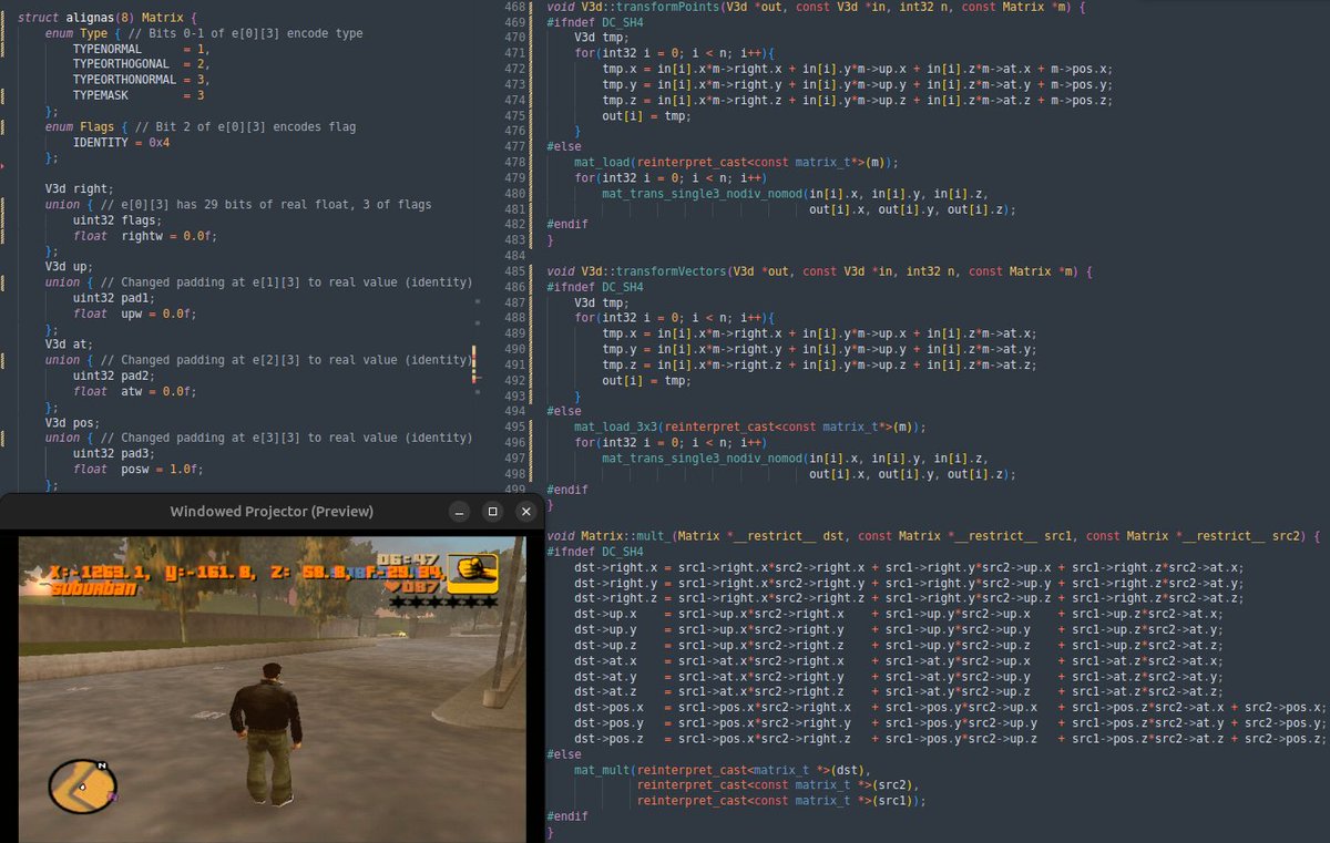 Holy SHIT, I just figured out a way to directly HW accelerate Renderware's "decorated" Matrix type and eliminated the need for constant matrix format conversions in our Sega Dreamcast port of Grand Theft Auto 3!

In the top-left is my modified version of the main RW matrix