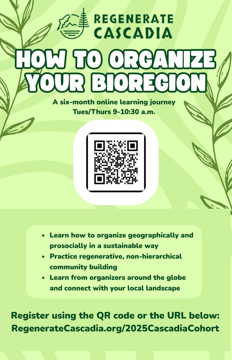 Cascadia Bioregional Movement (@cascadiadept) on Twitter photo We are excited for our six-month Regenerate Cascadia learning journey cohort in the Design School for Regenerating Earth: How to Organize Your #Bioregion.
regeneratecascadia.org/2025cascadiaco…
Come together with others from around #Cascadia and the world.
<a href="/RegenCascadia/">Regenerate Cascadia</a> We are excited for our six-month Regenerate Cascadia learning journey cohort in the Design School for Regenerating Earth: How to Organize Your #Bioregion.
regeneratecascadia.org/2025cascadiaco…
Come together with others from around #Cascadia and the world.
<a href="/RegenCascadia/">Regenerate Cascadia</a>