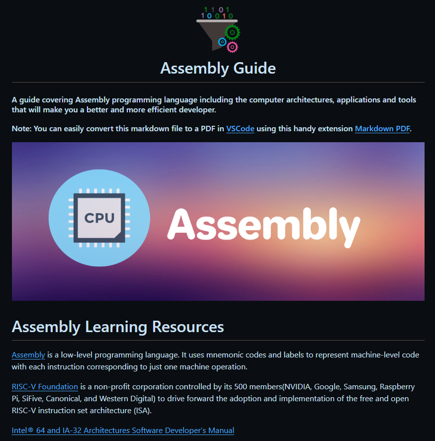 Found a cool little guide for Assembly! Has a ton of resources that make up a roadmap for how to learn Assembly. Up-to-date, very clear, very clean. Check it out!