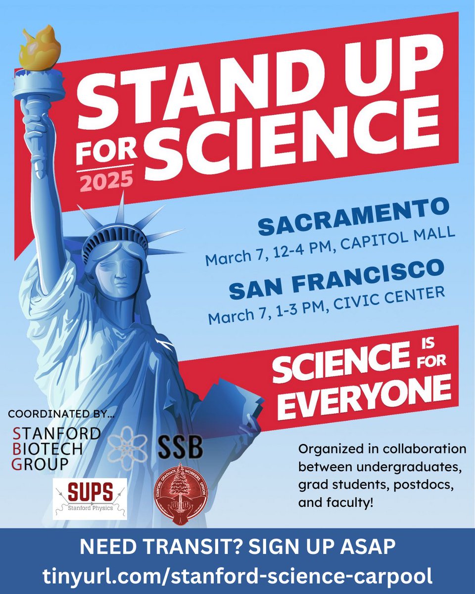 Join Stanford grads, undergrads, postdocs and maybe even faculty at STAND UP FOR SCIENCE this Friday! Stanford University Physics Society will be COVERING TRANSIT COSTS so sign up ASAP at tinyurl.com/stanford-scien… #standupforscience #standupforsciencesf #standupforsciencesacramento