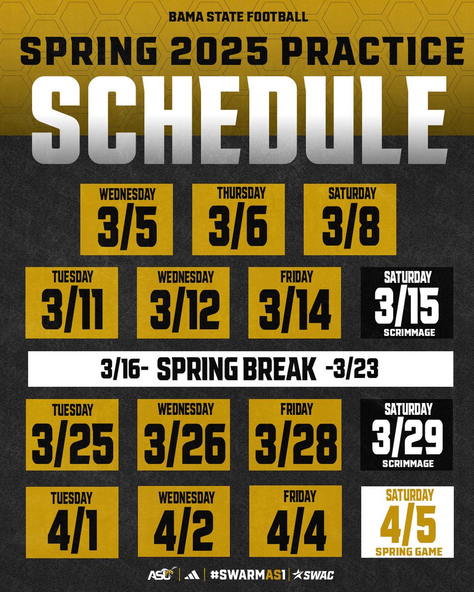 2025 Spring Practice Schedule 📆

#SWARMAS1