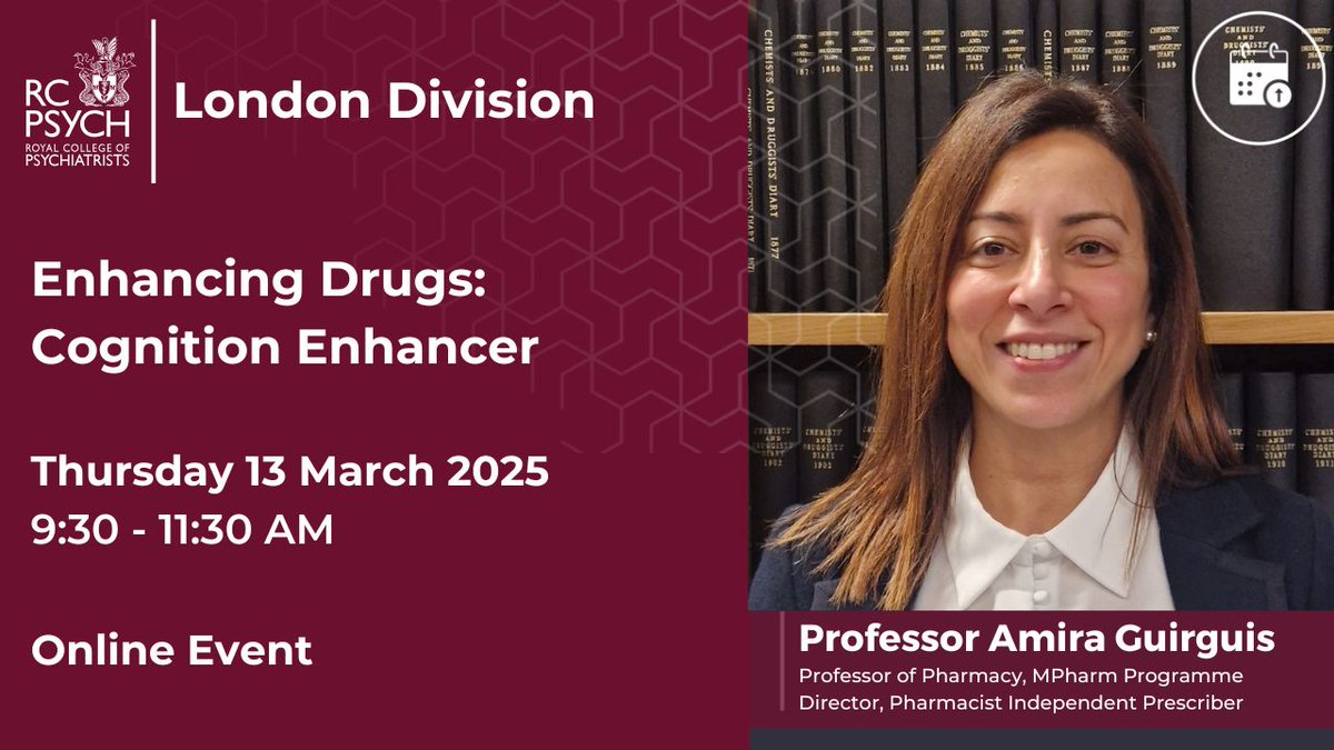 rcpsychLDN (@rcpsychldn) on Twitter photo Join <a href="/AMIRAGUIRGUIS1/">Amira Guirguis, PhD</a> to explore nootropics in Enhancing Drugs: Cognition Enhancer.
✔️ What are nootropics?
✔️ How they work
✔️ Natural vs. synthetic forms
✔️ Benefits & risks
🔗 Register: bit.ly/3CBxJwg
<a href="/sbonaccs/">Stefania Bonaccorso</a> Join <a href="/AMIRAGUIRGUIS1/">Amira Guirguis, PhD</a> to explore nootropics in Enhancing Drugs: Cognition Enhancer.
✔️ What are nootropics?
✔️ How they work
✔️ Natural vs. synthetic forms
✔️ Benefits & risks
🔗 Register: bit.ly/3CBxJwg
<a href="/sbonaccs/">Stefania Bonaccorso</a>