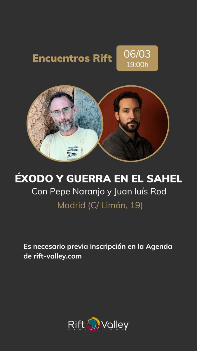 Juan Luis Rod (@juanluis_rod) on Twitter photo El jueves 6 a las 19:00h estaremos conversando junto a <a href="/naranjo_p/">José Naranjo Noble</a> sobre el #Sahel en los Encuentros Rift que organiza <a href="/61chema/">Chema Caballero</a> Reserva tu plaza y acompáñanos 👇🏾👇🏾👇🏾 El jueves 6 a las 19:00h estaremos conversando junto a <a href="/naranjo_p/">José Naranjo Noble</a> sobre el #Sahel en los Encuentros Rift que organiza <a href="/61chema/">Chema Caballero</a> Reserva tu plaza y acompáñanos 👇🏾👇🏾👇🏾
