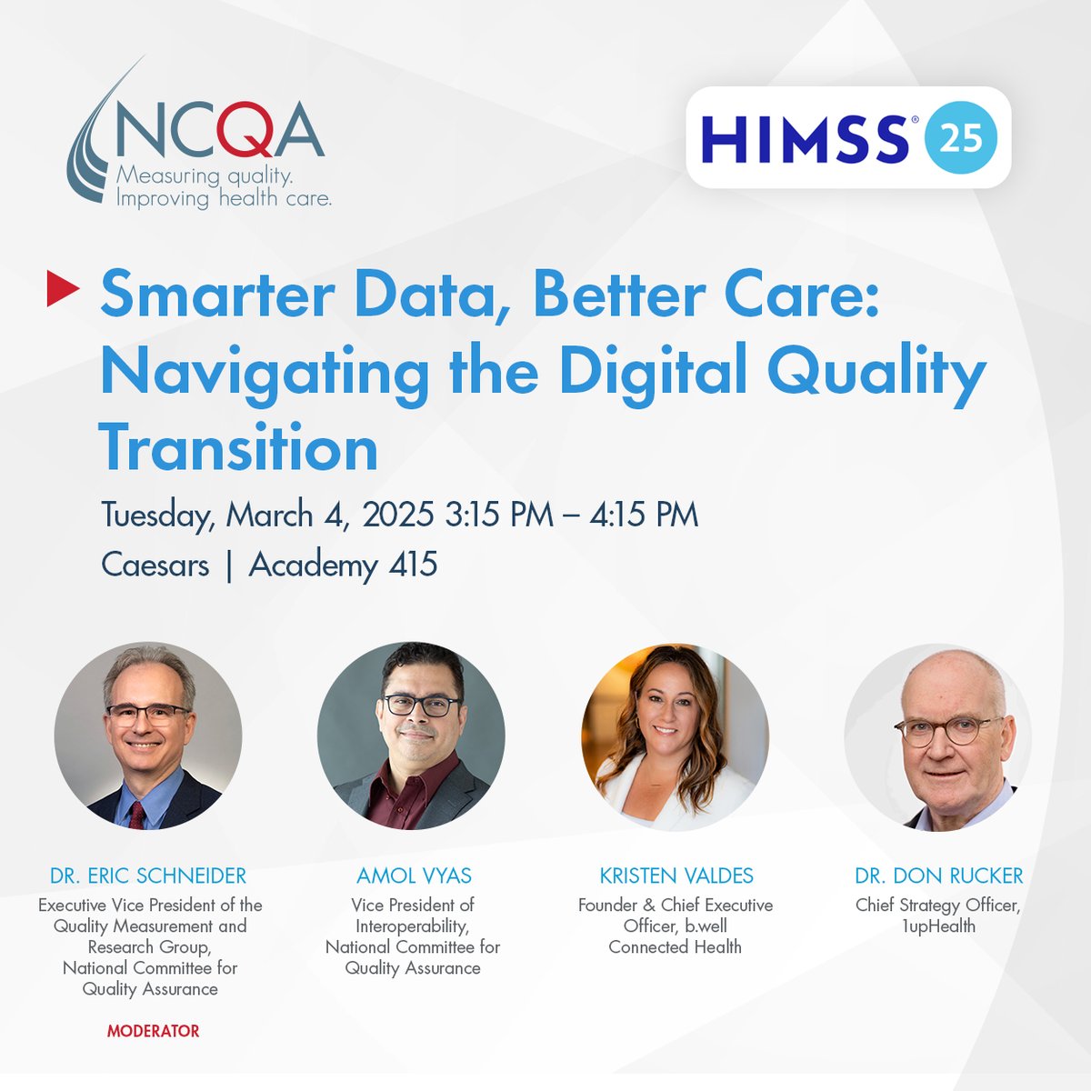 NCQA's tweet photo. Join #NCQA at #HIMSS2025 tomorrow for a panel with @icanbwell & @1up_health on how health data standards & #interoperability are driving health care quality.
https://t.co/62fZ7jfh14 https://t.co/0QCZ6s3rVk