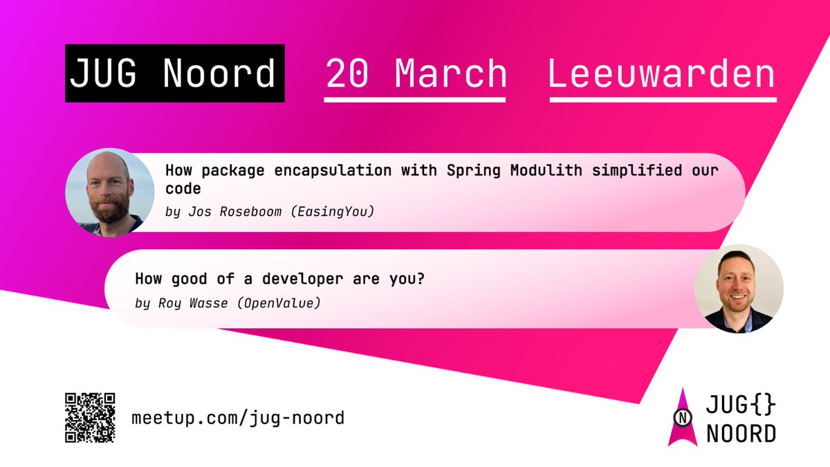 Our next meetup is scheduled for Thursday March 20th with <a href="/roywasse/">Roy Wasse</a> and @josroseboom presenting at ING Leeuwarden. 

Details and sign up at meetup.com/jug-noord/even… or check the QR code below.