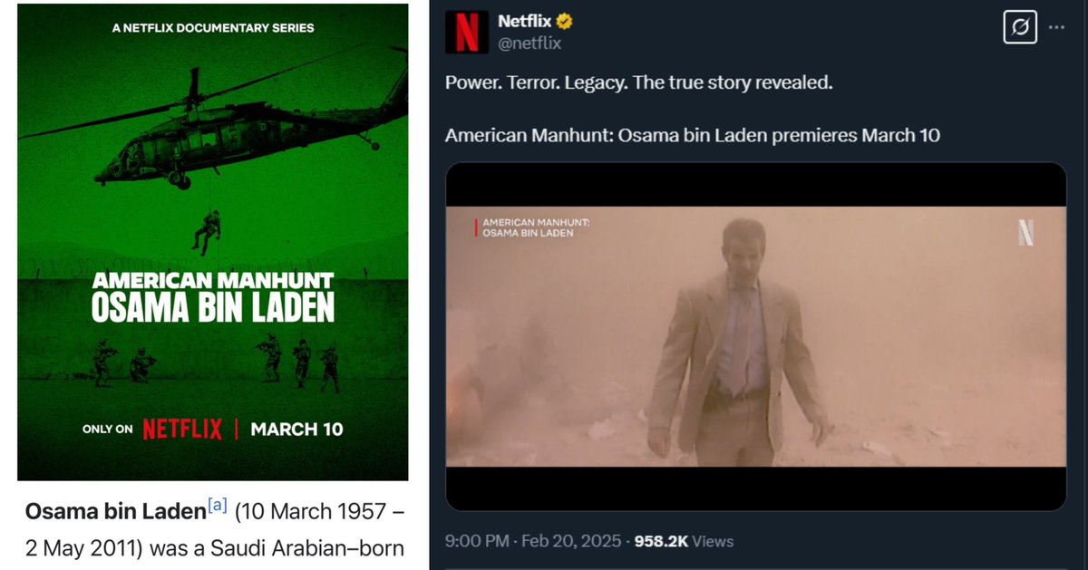 satoshibux's tweet photo. The Osama bin Laden #documentary #series on #Netflix is being released on Osama bin Laden’s birthday.

110-story-tall #TwinTowers
#OsamaBinLaden =110
#NineOneOne =110
Nine One One Two Thousand One =110
9/11 was 185 days after Osama's birthday
#WorldTradeCenter =185

#NewYork https://t.co/WtpVBrDaoH