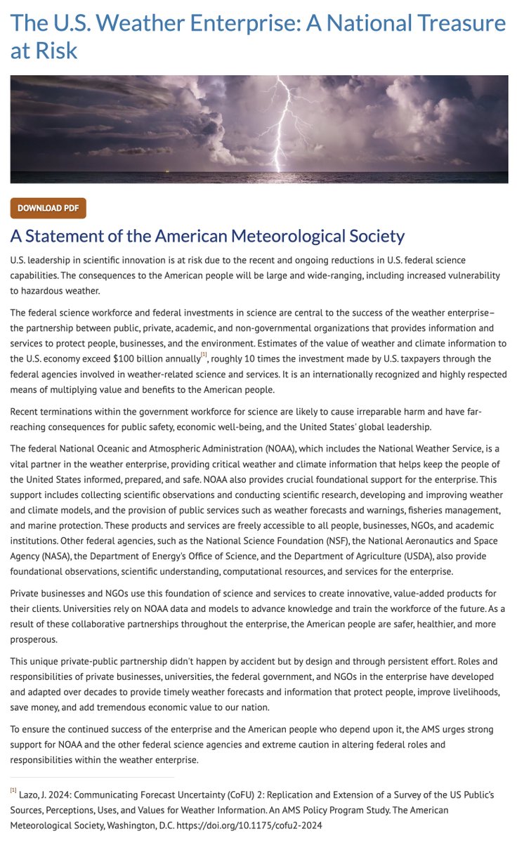 ProfessorPowder's tweet image. Just released statement from the American Meteorological Society urging strong support of NOAA and federal science agencies for the continued success of the weather enterprise and American people.