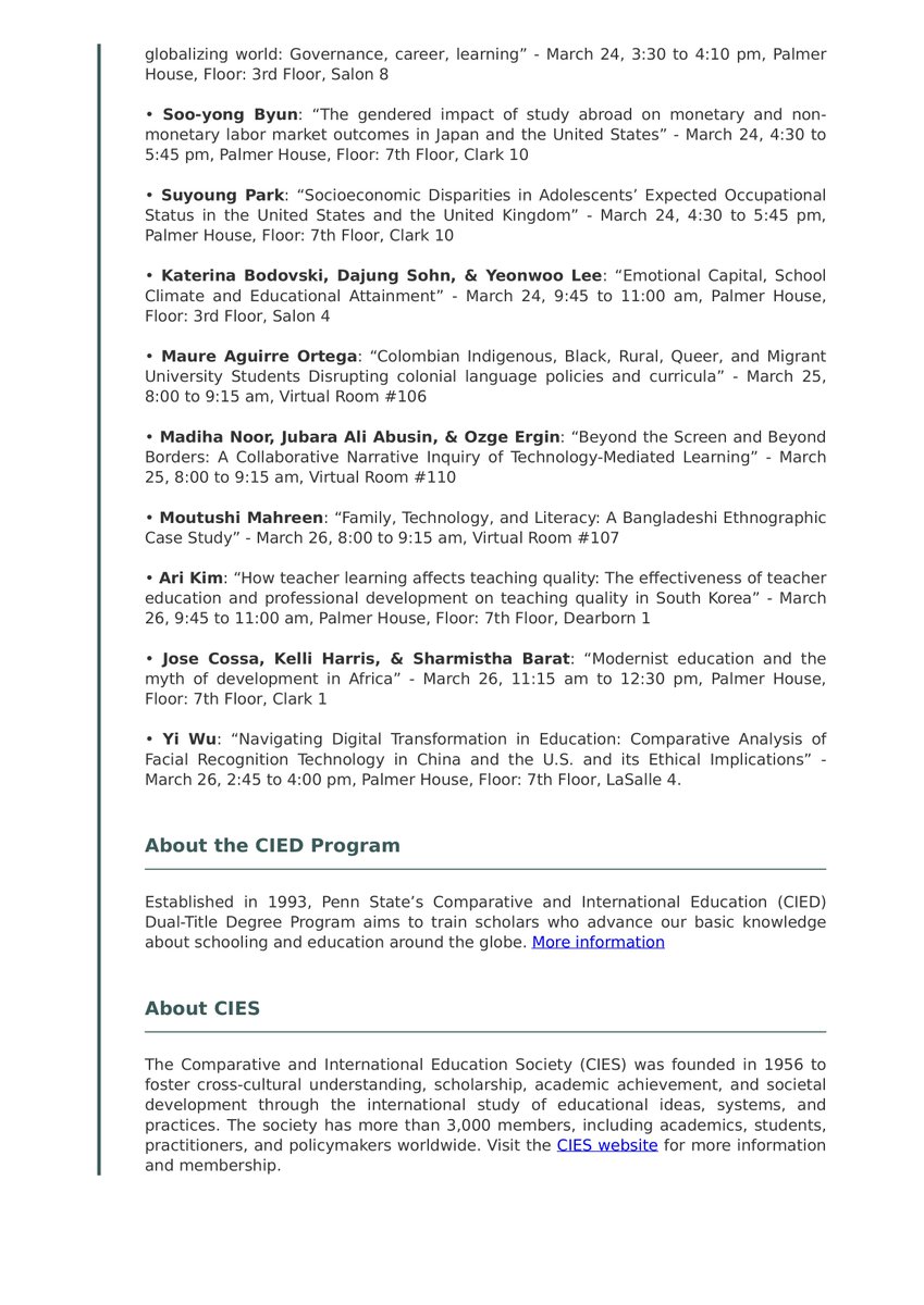 🚨 Exciting news! 24 members of Penn State CIED grad students &amp; faculty are presenting 17 sessions at #CIES2025 🌍

Stay tuned for highlights and insights from their presentations. #PennState #CIED #Education #WeAre #changED