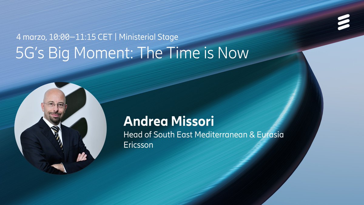 📅Domani, 4 marzo, Andrea Missori sul palco del #MWC25 per partecipare al panel "5G’s Big Moment: The Time is Now"!

Si parlerà delle strategie per accelerare l’adozione del #5G.

Maggiori info: m.eric.sn/X5qu50V9xOP

#EricssonMWC