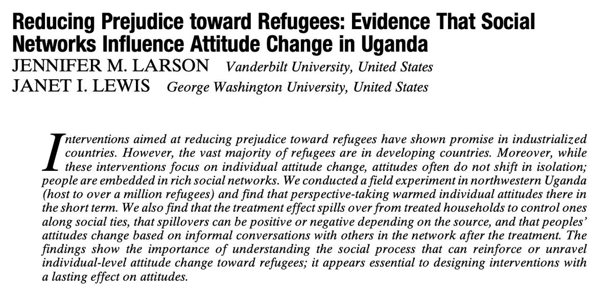 American Political Science Review (@apsrjournal) on Twitter photo From our new issue: "Reducing Prejudice toward Refugees: Evidence That Social Networks Influence Attitude Change in Uganda" by Jennifer Larson (<a href="/JMLisin/">Jenn Larson</a>) and Janet Lewis (<a href="/janetilewis/">Janet Lewis</a>). #APSRNewIssue cambridge.org/core/journals/… From our new issue: "Reducing Prejudice toward Refugees: Evidence That Social Networks Influence Attitude Change in Uganda" by Jennifer Larson (<a href="/JMLisin/">Jenn Larson</a>) and Janet Lewis (<a href="/janetilewis/">Janet Lewis</a>). #APSRNewIssue cambridge.org/core/journals/…