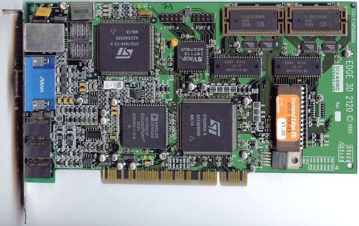 Anno 1995. NV1, la prima scheda grafica prodotta da Nvidia.
Si possono apprezzare i semiconduttori prodotti da StMicroelectronics, partecipata statale del gruppo Iri.