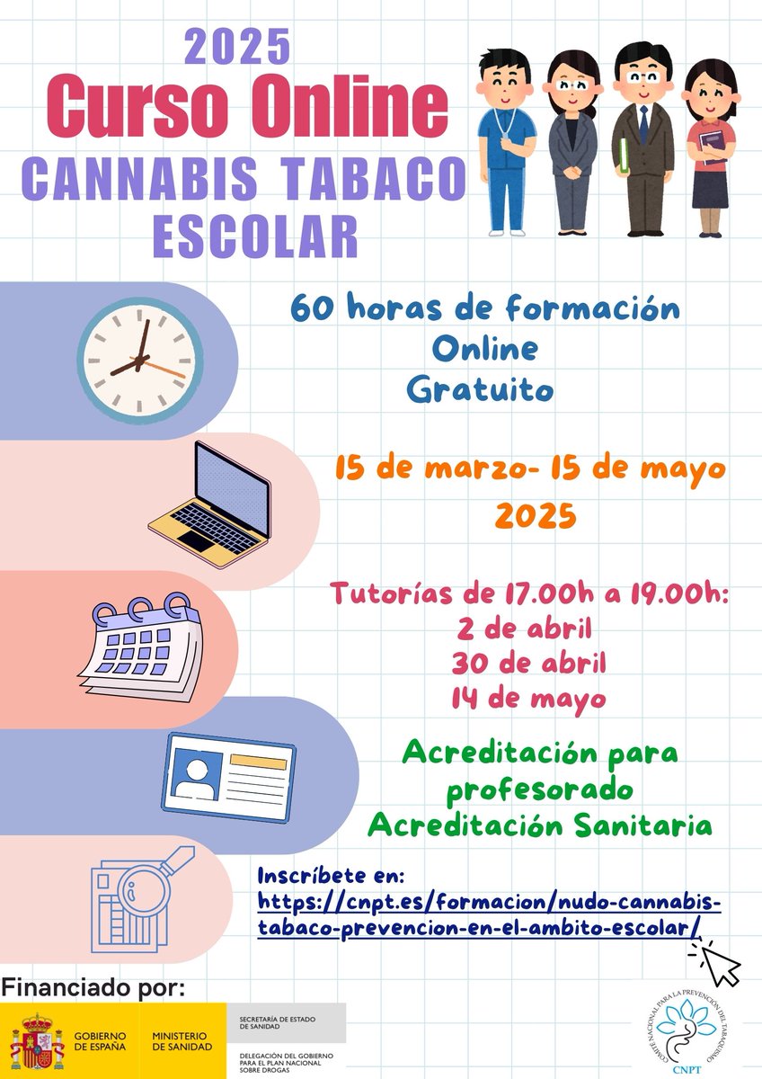 evictproject's tweet image. 📣¿Eres docente y te gustaría formarte en el Nudo Cannabis-tabaco?

⏰ 60 horas de formación GRATUITA

🔔Abrimos inscripciones para Docentes y Sanitarios escolares

🗓️ 15 de marzo a 15 de mayo

⌛️ Solicitada acreditación para docentes y sanitarios

🔗cnpt.es/formacion/nudo…