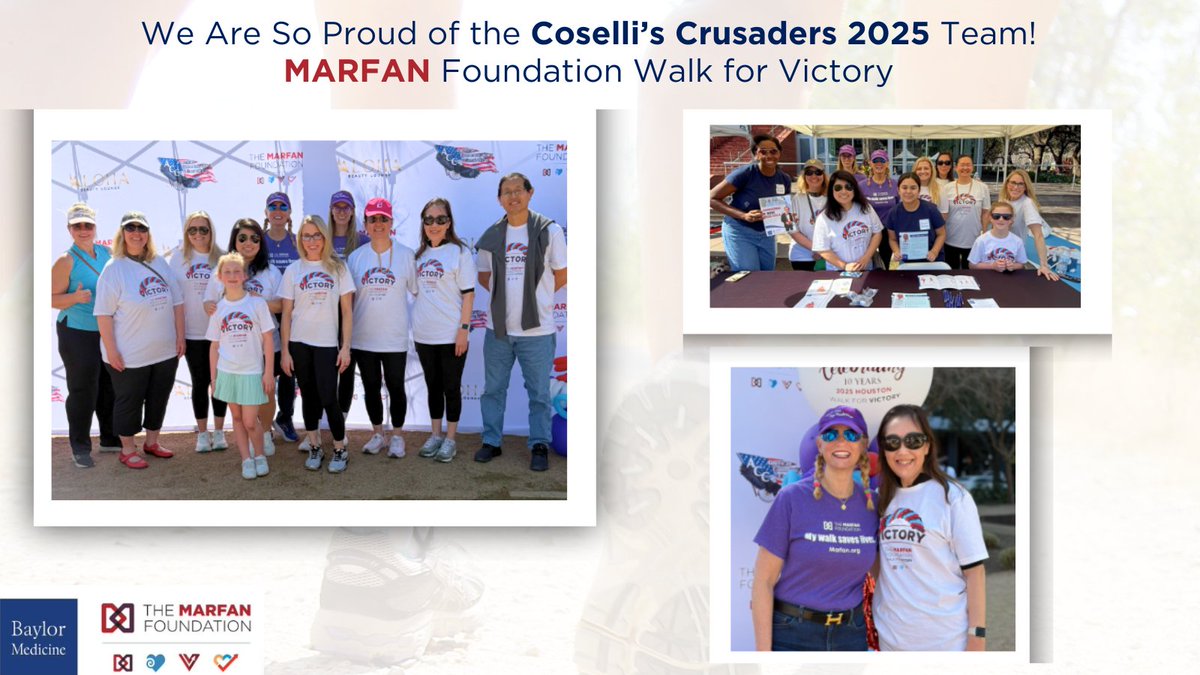 BCM_Surgery (@bcm_surgery) on Twitter photo We are so proud of the Coselliās Crusaders team for coming together this past Saturday to support the <a href="/MarfanFdn/">TheMarfanFoundation</a> Walk for Victory!
Led by Walk for Victory Medical Chair Dr. Joseph Coselli, this event raises critical funds for Marfan syndrome awareness, patient education, genetic We are so proud of the Coselliās Crusaders team for coming together this past Saturday to support the <a href="/MarfanFdn/">TheMarfanFoundation</a> Walk for Victory!
Led by Walk for Victory Medical Chair Dr. Joseph Coselli, this event raises critical funds for Marfan syndrome awareness, patient education, genetic