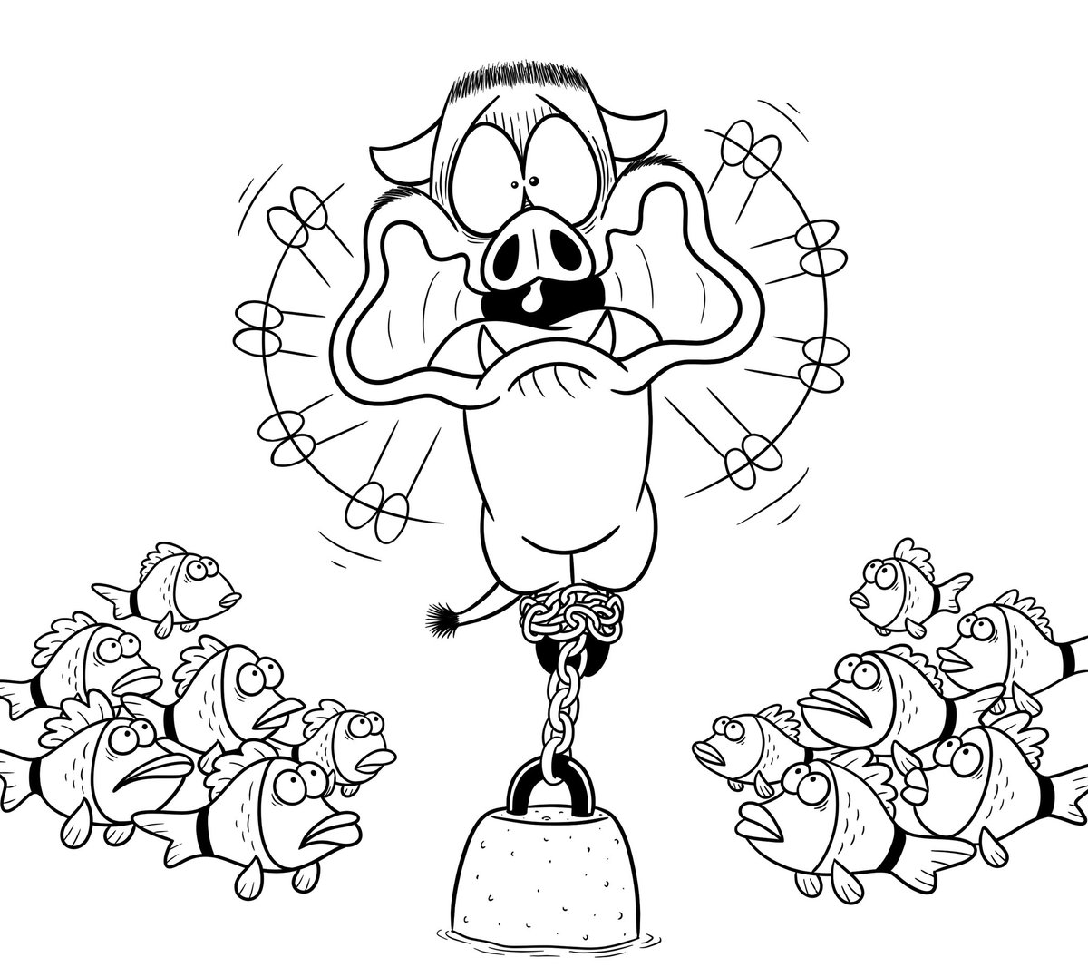 Voici le dessin final de la couverture du tome 12 de Razorbacu. J'ai remplacé la corde par une chaîne et j'ai repositionné les poissons .... demain je colorie tout ça 🐗🙂
razorbacu.com