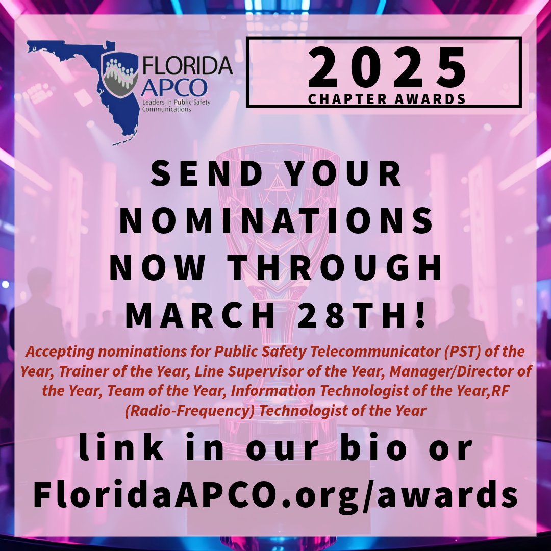 Nominations are still OPEN for the 2025 FL APCO Awards

Visit: 🔗 floridaapco.org/awards

#FLAPCO #911Strong #WeAre911 #PublicSafetyExcellence #NominateNow #FirstFirstResponders #EmergencyCommunications #AwardSeason