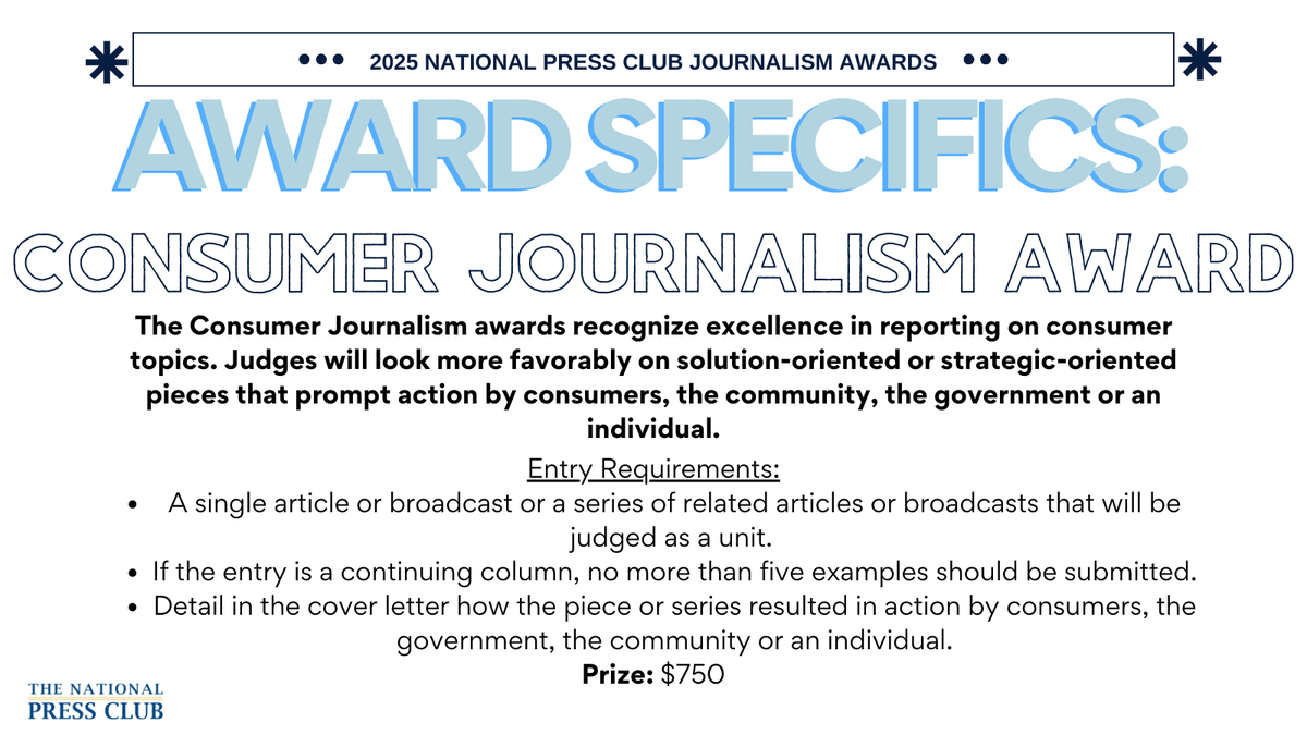 Have you applied for one of our 15 National Press Club #Journalism #Awards?

Below you can see the specifics on one of our awards, the Consumer Journalism Award. If that doesn't seem like a good fit, check out the rest of the awards here: press.org/club/national-…