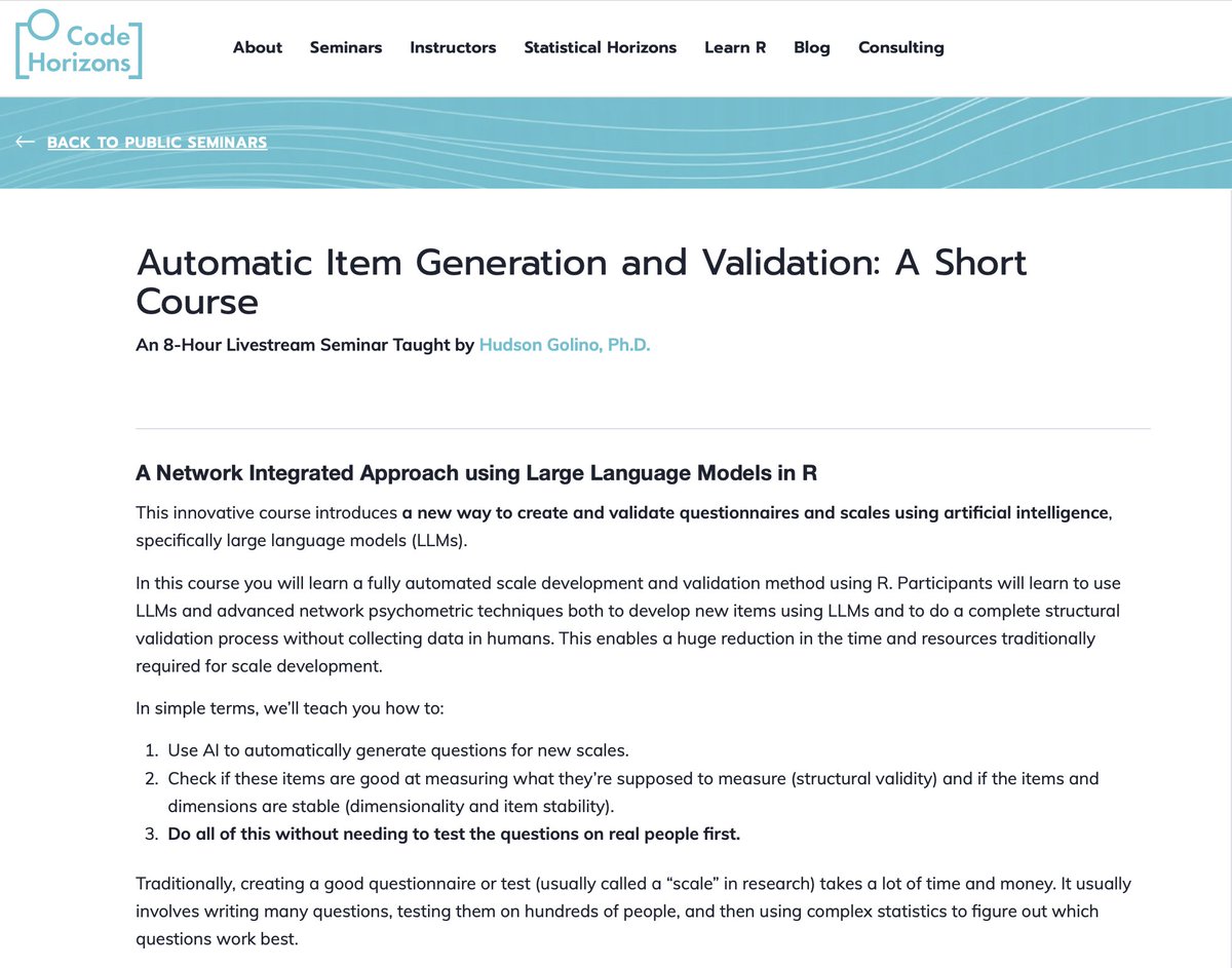 Come join me next week (March 12 and 13) for the very first: Automatic Item Generation and Validation: A Short Course, A Network Integrated Approach using Large Language Models in R. Link in the comments.