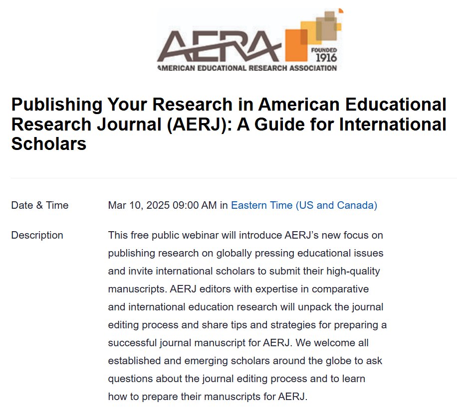 📢Exciting news for Penn State CIED/EDTHP

Proud to share that Dr. Motoko Akiba, Editor-in-Chief of AERJ and a distinguished alum of our program, is leading a free public webinar

📚Publishing Your Research in AERJ: A Guide for International Scholars
📅Monday, March 10, 9:00 am