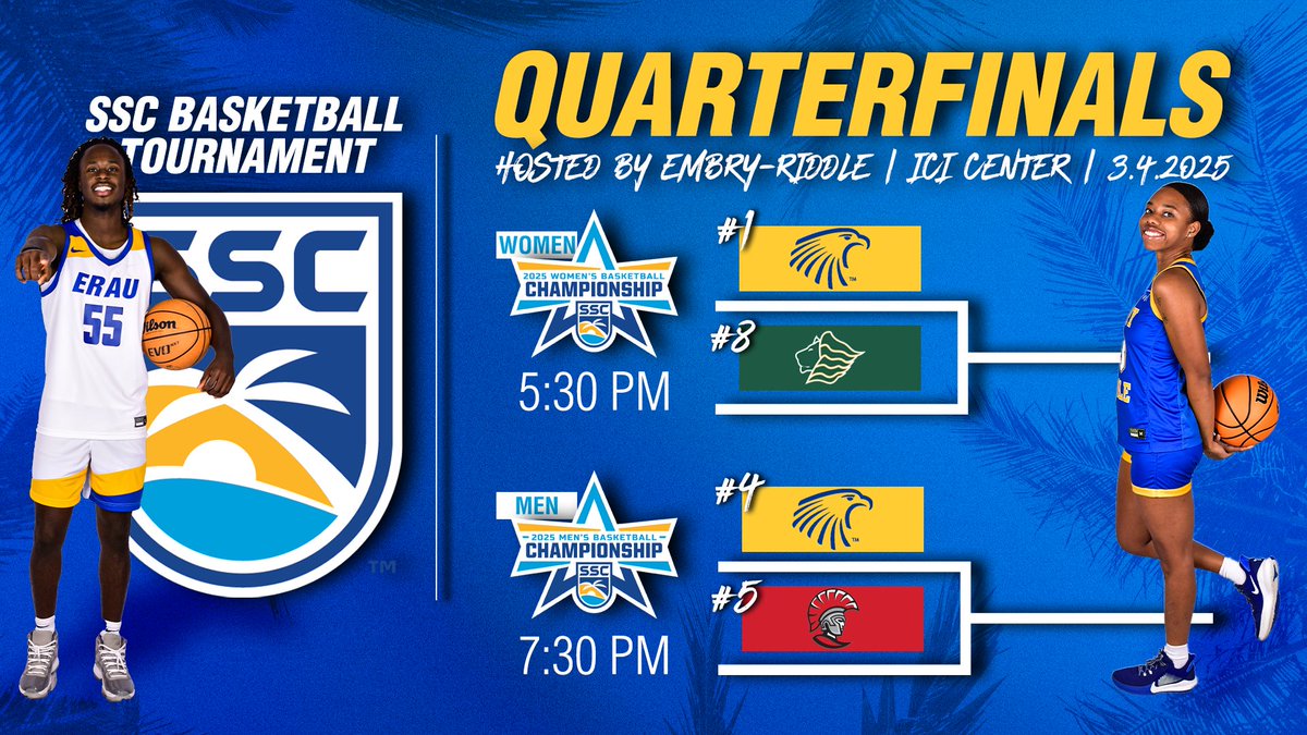 Embry-Riddle Eagles (@erauathletics) on Twitter photo Join us as we host the Quarterfinals of the <a href="/D2SSC/">Sunshine State Conference</a> Basketball Tournament! Doors open 4:30 PM tomorrow, March 4th!
๐ Women 5:30 PM | Men 7:30 PM
๐๏ธ ICI Center
โน๏ธโโ๏ธ <a href="/ERAUWBasketball/">Embry-Riddle Womenโs Basketball</a> ๐ <a href="/SaintLeoWBB/">Saint Leo WBB</a>
โน๏ธโโ๏ธ <a href="/ERAUMBasketball/">Embry-Riddle Men's Basketball</a> ๐ <a href="/UTampaMBB/">Tampa Men's Basketball</a>
#GoERAU // #MarchMadness // #NCAA Join us as we host the Quarterfinals of the <a href="/D2SSC/">Sunshine State Conference</a> Basketball Tournament! Doors open 4:30 PM tomorrow, March 4th!
๐ Women 5:30 PM | Men 7:30 PM
๐๏ธ ICI Center
โน๏ธโโ๏ธ <a href="/ERAUWBasketball/">Embry-Riddle Womenโs Basketball</a> ๐ <a href="/SaintLeoWBB/">Saint Leo WBB</a>
โน๏ธโโ๏ธ <a href="/ERAUMBasketball/">Embry-Riddle Men's Basketball</a> ๐ <a href="/UTampaMBB/">Tampa Men's Basketball</a>
#GoERAU // #MarchMadness // #NCAA