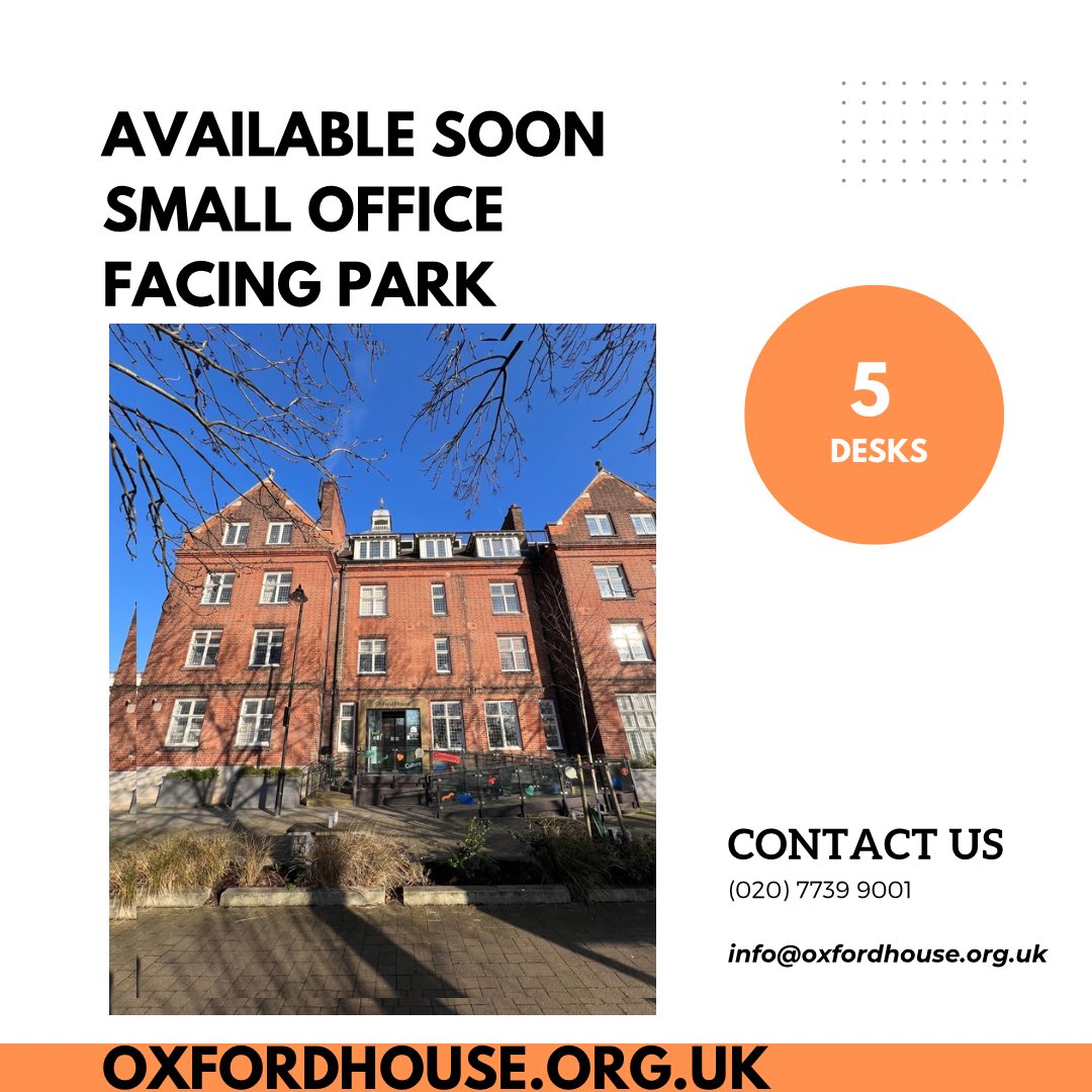 Oxford House (@oxhse) on Twitter photo Available from beginning April 2025.
Gorgeous office facing Weaverโs Fields.
Unfurnished. Suitable for 4/5 desks.
Circa 251 square feet.
ยฃ900 & VAT.
Includes service charge but not broadband.
Early viewing recommended.
Email info@oxfordhouse.org.uk Available from beginning April 2025.
Gorgeous office facing Weaverโs Fields.
Unfurnished. Suitable for 4/5 desks.
Circa 251 square feet.
ยฃ900 & VAT.
Includes service charge but not broadband.
Early viewing recommended.
Email info@oxfordhouse.org.uk