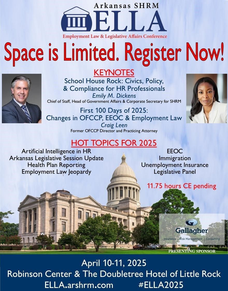 ⌛⏰ Time is running out! #ELLA2025 is almost sold out! Don't miss your chance to learn from employment law and legislative gurus. Register today!

ella.arshrm.com/register-for-e…