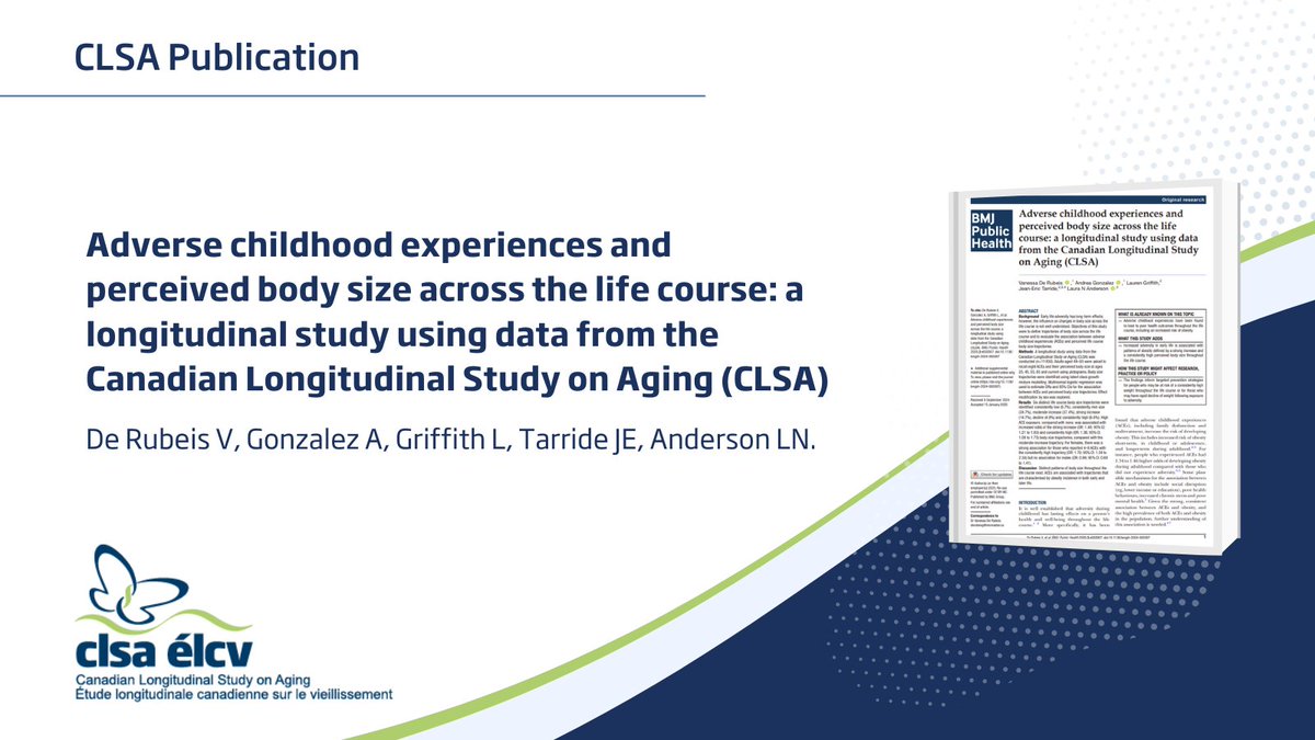 Canadian Longitudinal Study on Aging (CLSA) (@clsa_elcv) on Twitter photo CLSAFindings💡: Adverse childhood experiences and perceived body size across the life course: a longitudinal study using data from the Canadian Longitudinal Study on Aging (CLSA)
Cc: <a href="/VanessaDeRubeis/">Vanessa De Rubeis</a> <a href="/McMasterPNB/">McMaster PNB Department</a> <a href="/MacPsychiatry/">McMaster Psychiatry & Behavioural Neurosciences</a> <a href="/HEI_mcmaster/">HEI</a>
🔗:ow.ly/ncnB50V8weP CLSAFindings💡: Adverse childhood experiences and perceived body size across the life course: a longitudinal study using data from the Canadian Longitudinal Study on Aging (CLSA)
Cc: <a href="/VanessaDeRubeis/">Vanessa De Rubeis</a> <a href="/McMasterPNB/">McMaster PNB Department</a> <a href="/MacPsychiatry/">McMaster Psychiatry & Behavioural Neurosciences</a> <a href="/HEI_mcmaster/">HEI</a>
🔗:ow.ly/ncnB50V8weP