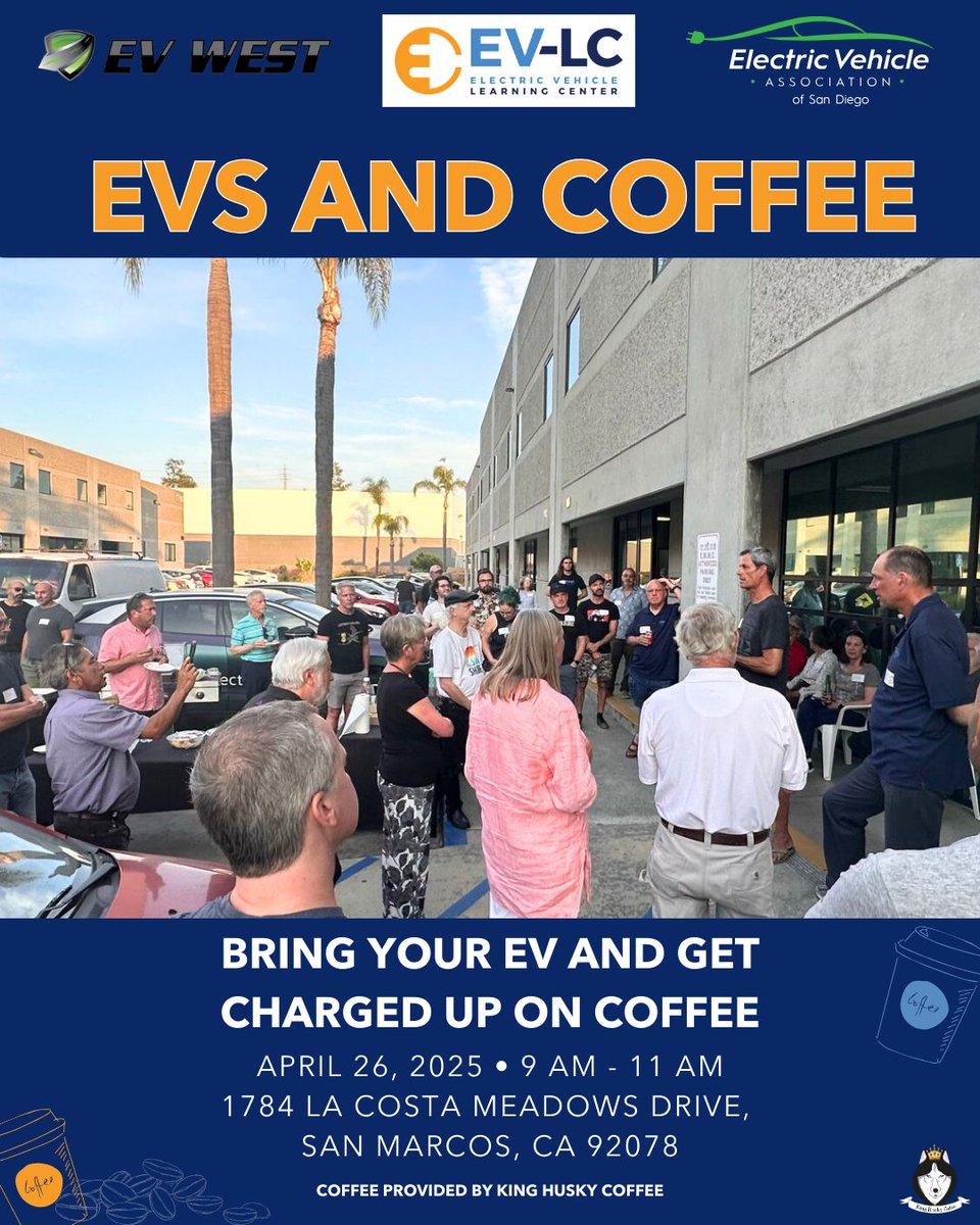 VehicleLearning's tweet image. ☕📷 Join us on April 26 from 9:00 to 11:00 AM for EVs &amp;amp; Coffee! 📷
📷Start your morning with great coffee and even better conversations about electric vehicles! Whether you&apos;re an EV owner, considering making the switch, or just curious about the technology. ☕