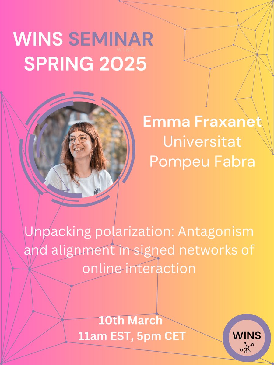 Women in Network Science (WiNS) Society (@wins_society) on Twitter photo 📅Save the date!
Join us next Monday (Mar 10th, 11 AM ET) for our next seminar. <a href="/emmafraxanet/">Emma Fraxanet</a> from Pompeu Fabra University will be our next speaker.
Don't miss out! ✨ 📅Save the date!
Join us next Monday (Mar 10th, 11 AM ET) for our next seminar. <a href="/emmafraxanet/">Emma Fraxanet</a> from Pompeu Fabra University will be our next speaker.
Don't miss out! ✨