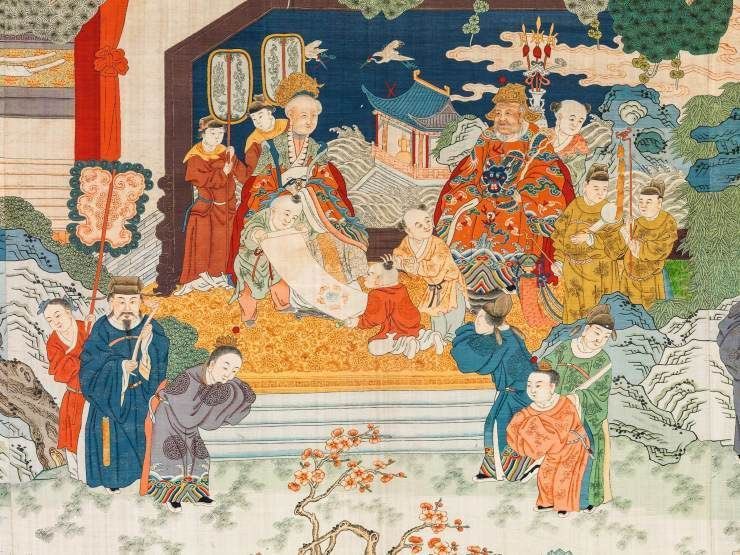 Descubre_China's tweet photo. Este tapiz de finales de la dinastía Qing, titulado "Celebrando la longevidad", representa a dos ancianos en una sala de la longevidad, recibiendo deseos de cumpleaños de su familia 🇨🇳👏🏻
#China #Asia #Cultura #Qing #Longevidad #Tapiz #Cultura #Historia https://t.co/CPZ5TOvAqq
