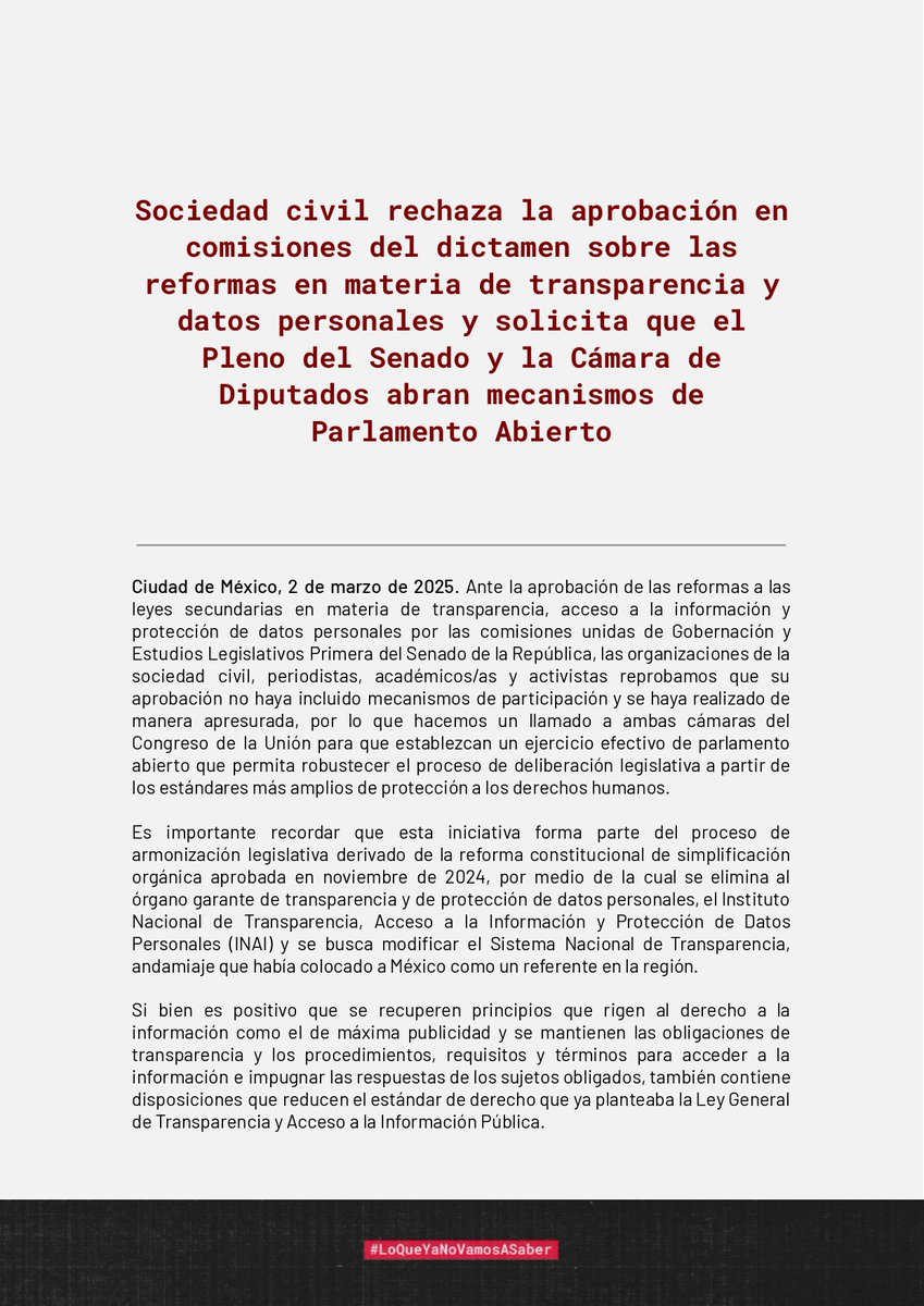 datacivica's tweet image. 📢 Rechazamos la aprobación de las reformas a las leyes secundarias de #transparencia sin mecanismos de participación. Éstas ponen en riesgo nuestro derecho a saber al aumentar el número de causas para reservar información 🔐. 

Hacemos un llamado a impulsar un #ParlamentoAbierto…