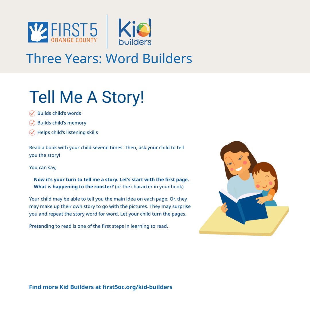 First5OC's tweet photo. It’s #ReadAcrossAmerica Week 📚 Reading with young children ages 0-5 builds language skills, sparks imagination, and lays the foundation for lifelong learning. Celebrate the joy of reading with your family by trying these reading Kid Builders activities. https://t.co/b04DnXkFbL. https://t.co/Dtob9cNoix