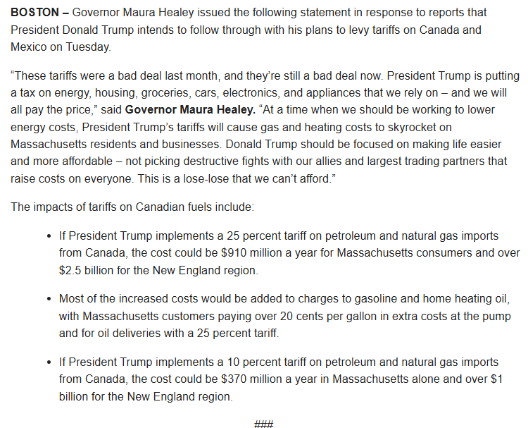 HEALEY ON TARIFFS: Gov. Healey said tariffs on Canada and Mexico are a "bad deal" that will cause gas and heating costs to "skyrocket" for local businesses and residents. Tariffs on Canada/Mexico are set to take effect tomorrow, pending any last-minute negotiating. #mapoli