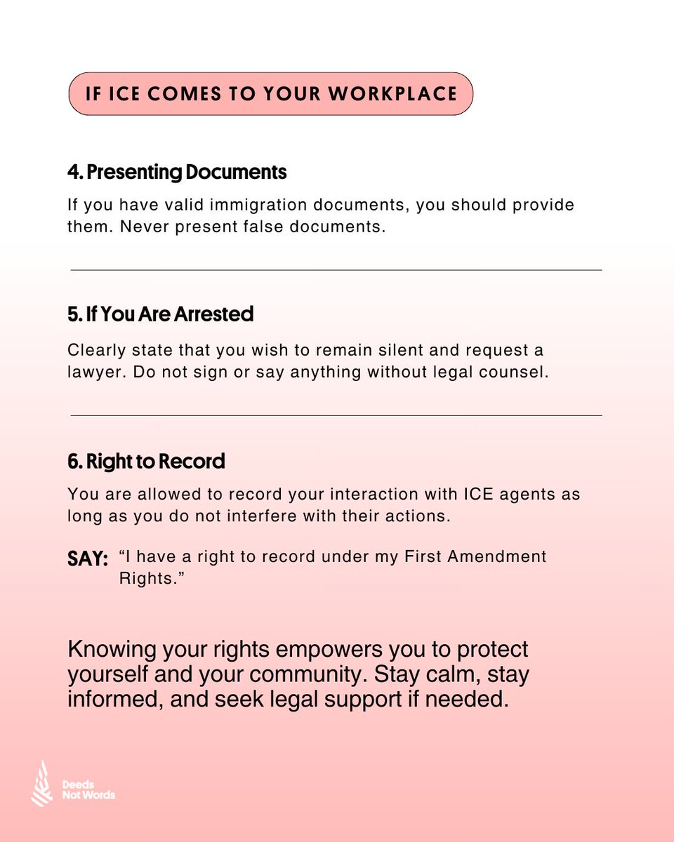 When workers #unite, we win. 

If ICE targets your workplace, knowing your rights can keep you and your coworkers safe. Swipe through to learn what to do. 

We are stronger together. Share this post to spread the word! #KnowYourRights