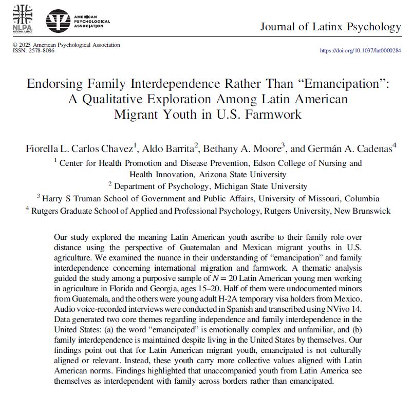 Fiorella L. Carlos Chavez (@carloschavezphd) on Twitter photo Our work is much needed, Access: psycnet.apa.org/record/2025-88โฆ Our findings highlight psychological and family-dynamic aspects that influence the process in which Latino migrant farmworker youths gain sudden independence.
<a href="/UNmigration/">IOM - UN Migration ๐บ๐ณ</a> <a href="/MigrationPolicy/">MigrationPolicy Inst</a> <a href="/ASUResearch/">Arizona State University Research</a> <a href="/TelemundoNews/">Noticias Telemundo</a> Our work is much needed, Access: psycnet.apa.org/record/2025-88โฆ Our findings highlight psychological and family-dynamic aspects that influence the process in which Latino migrant farmworker youths gain sudden independence.
<a href="/UNmigration/">IOM - UN Migration ๐บ๐ณ</a> <a href="/MigrationPolicy/">MigrationPolicy Inst</a> <a href="/ASUResearch/">Arizona State University Research</a> <a href="/TelemundoNews/">Noticias Telemundo</a>