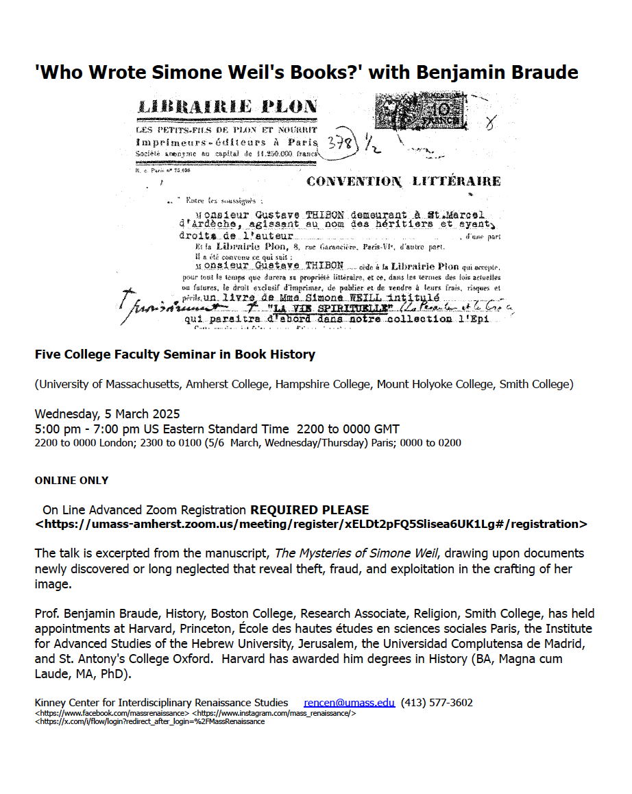 Two Simone Weil Events This Wednesday! 

One by Dr. Benjamin Braude "Who wrote Simone Weil's Books?" Open to the public. 

Register here: umass-amherst.zoom.us/meeting/regist…
